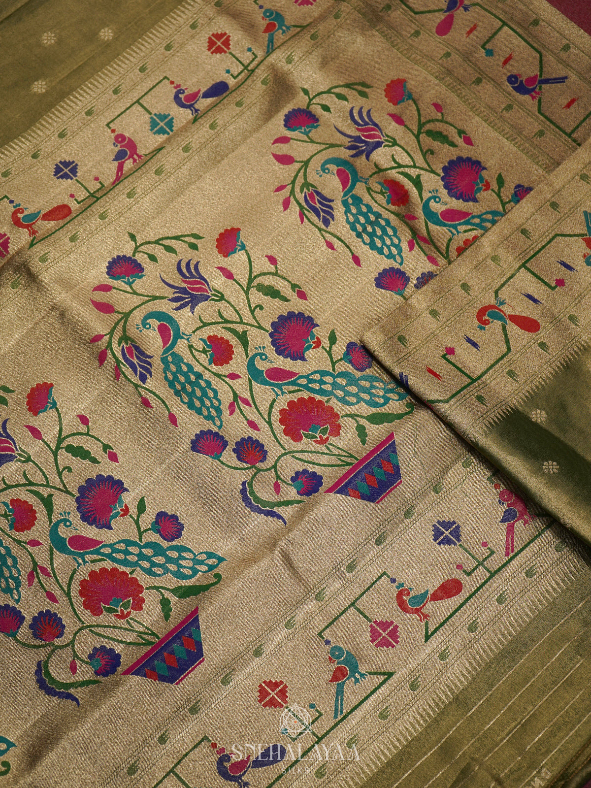 Lime Green Tissue Paithani Saree
