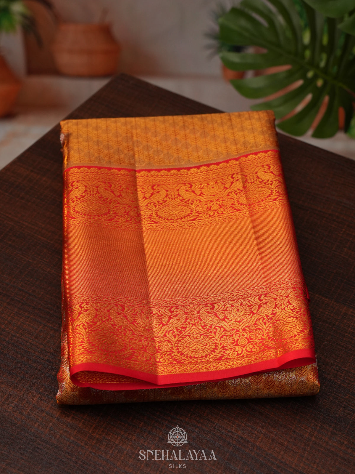 Rust Orange Tissue Kanjivaram Silk Saree