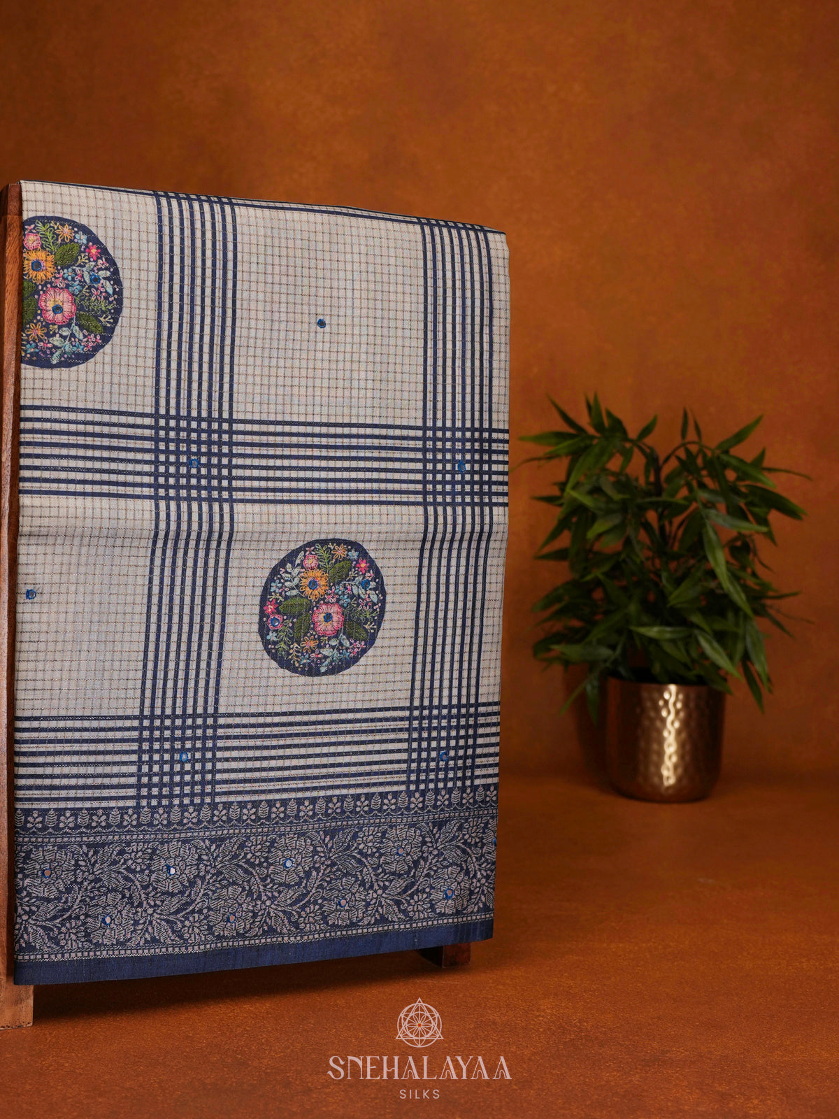 Beige With Blue Tussar Saree