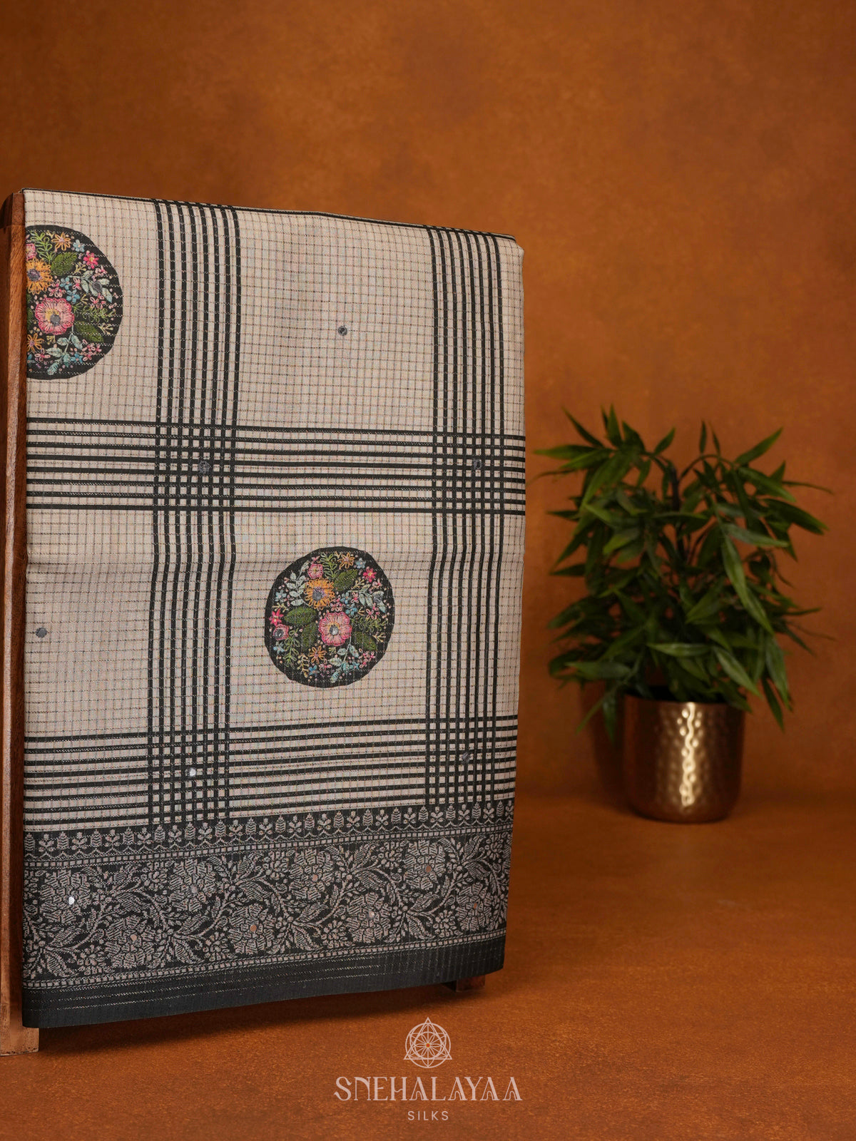 Beige With Black Tussar Saree