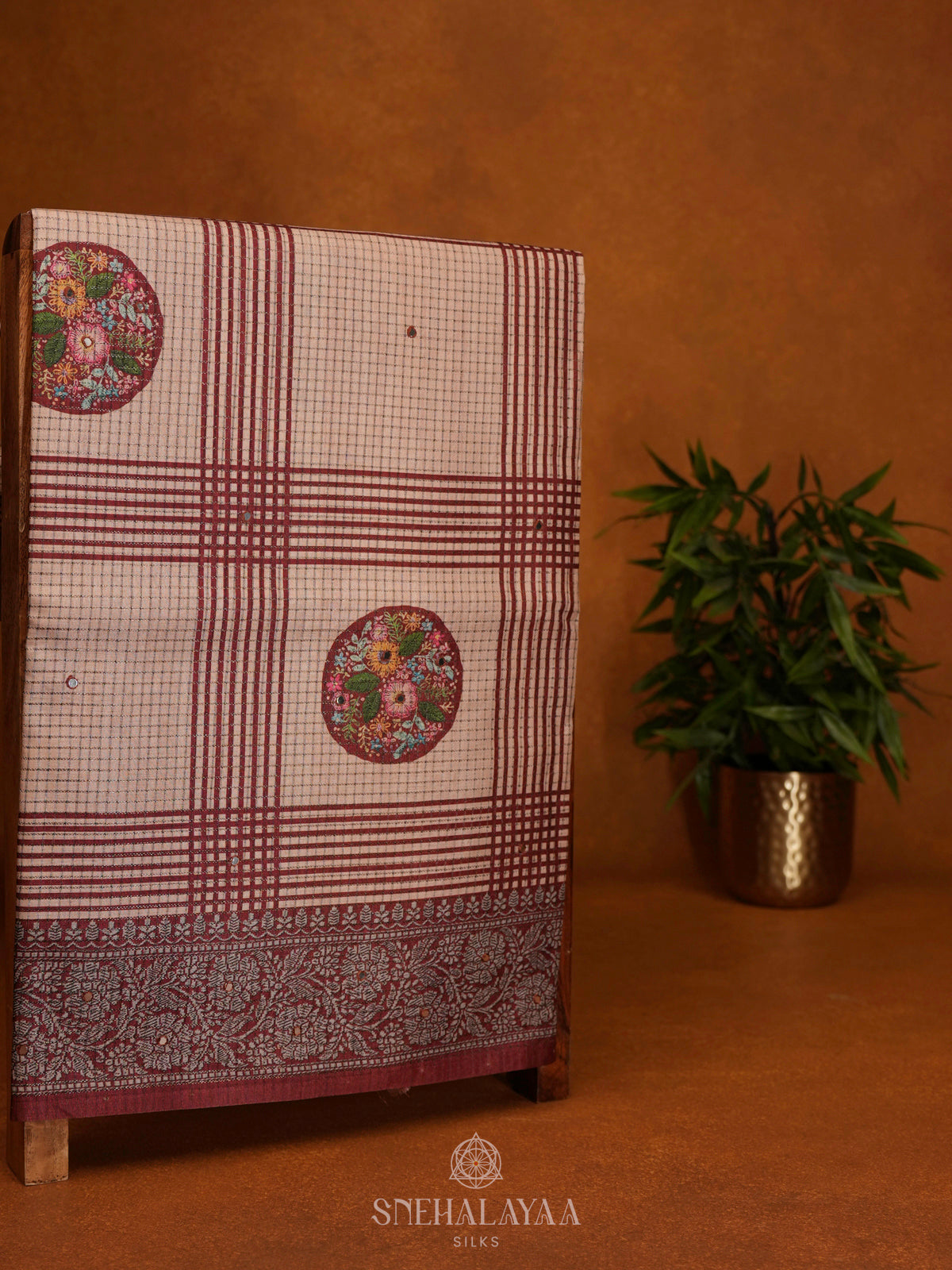 Beige With Maroon Tussar Saree