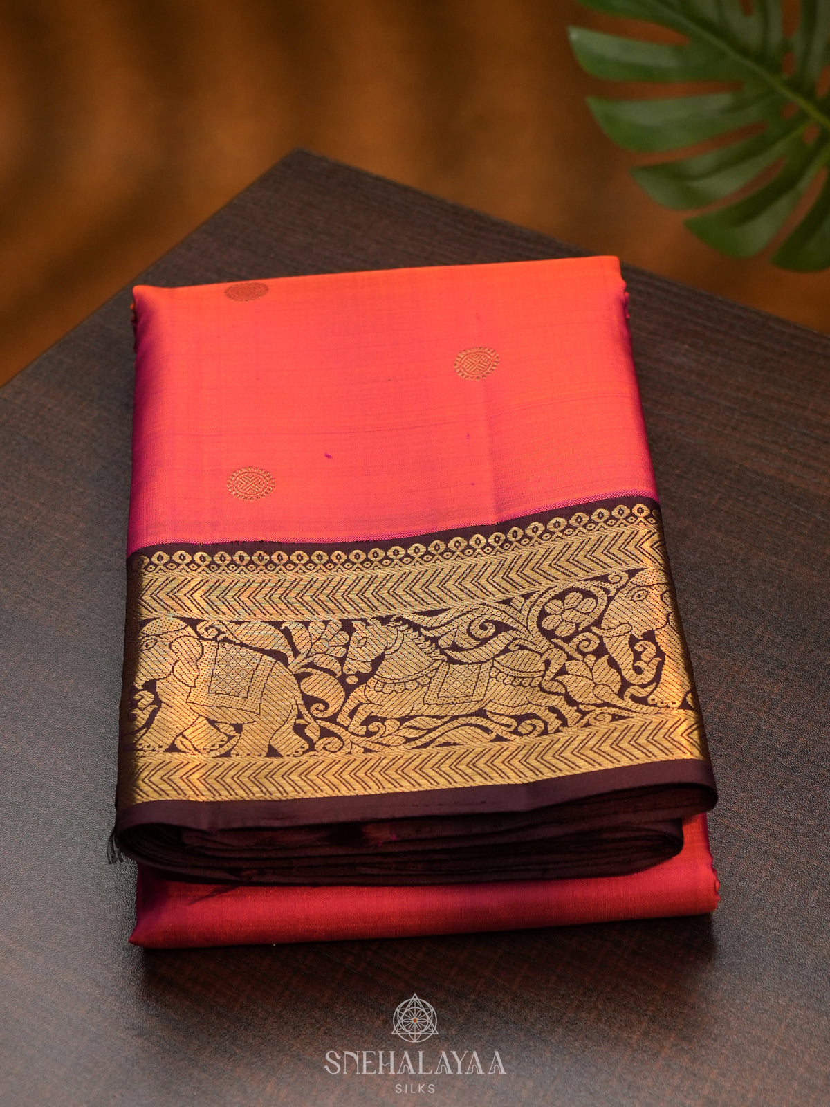 Coral Orange Kanjivaram Silk Saree