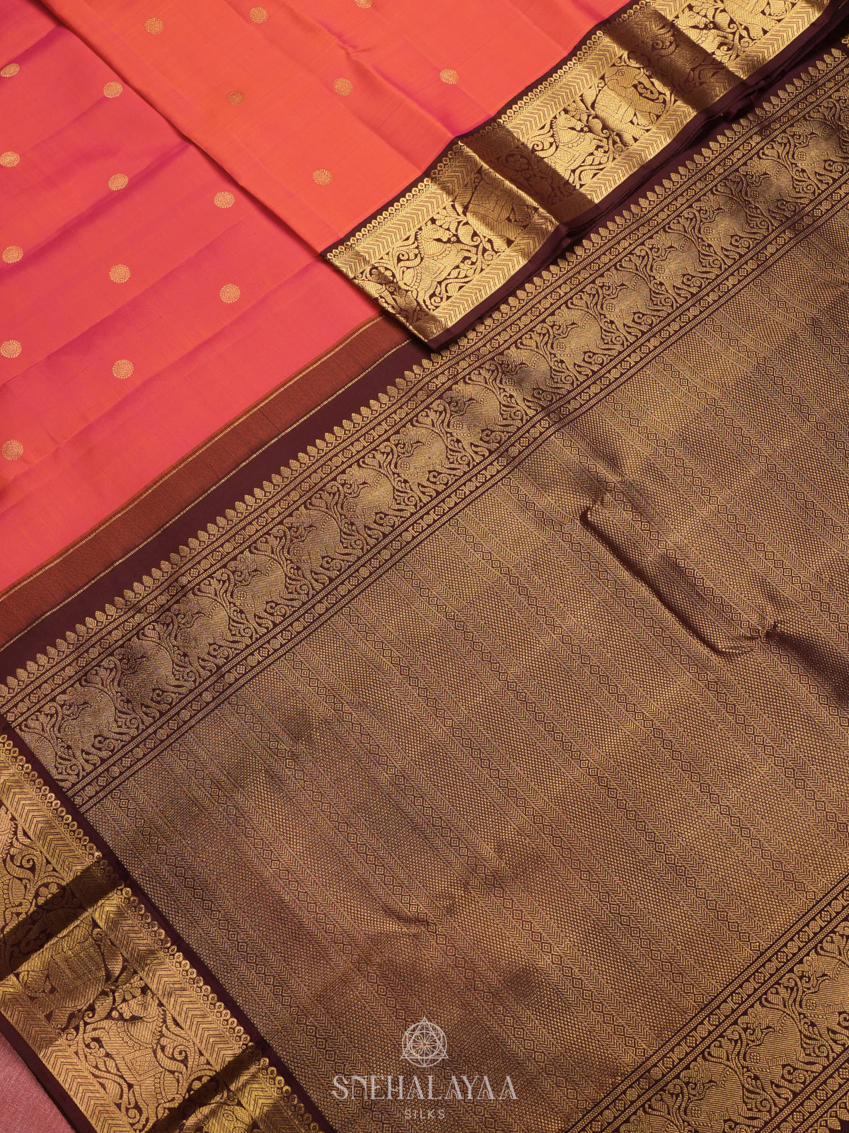 Coral Orange Kanjivaram Silk Saree