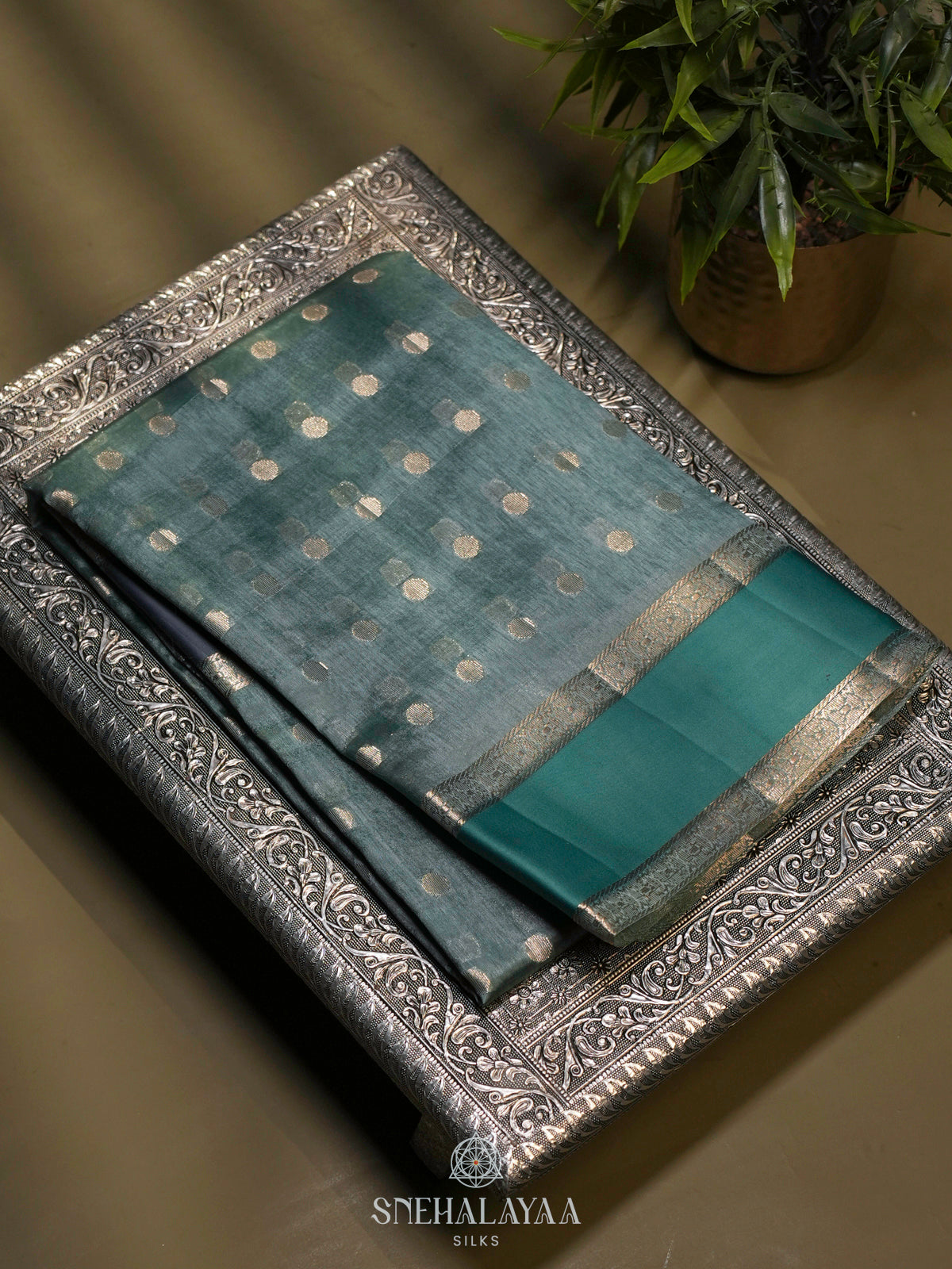 Teal Blue Raw Silk Saree