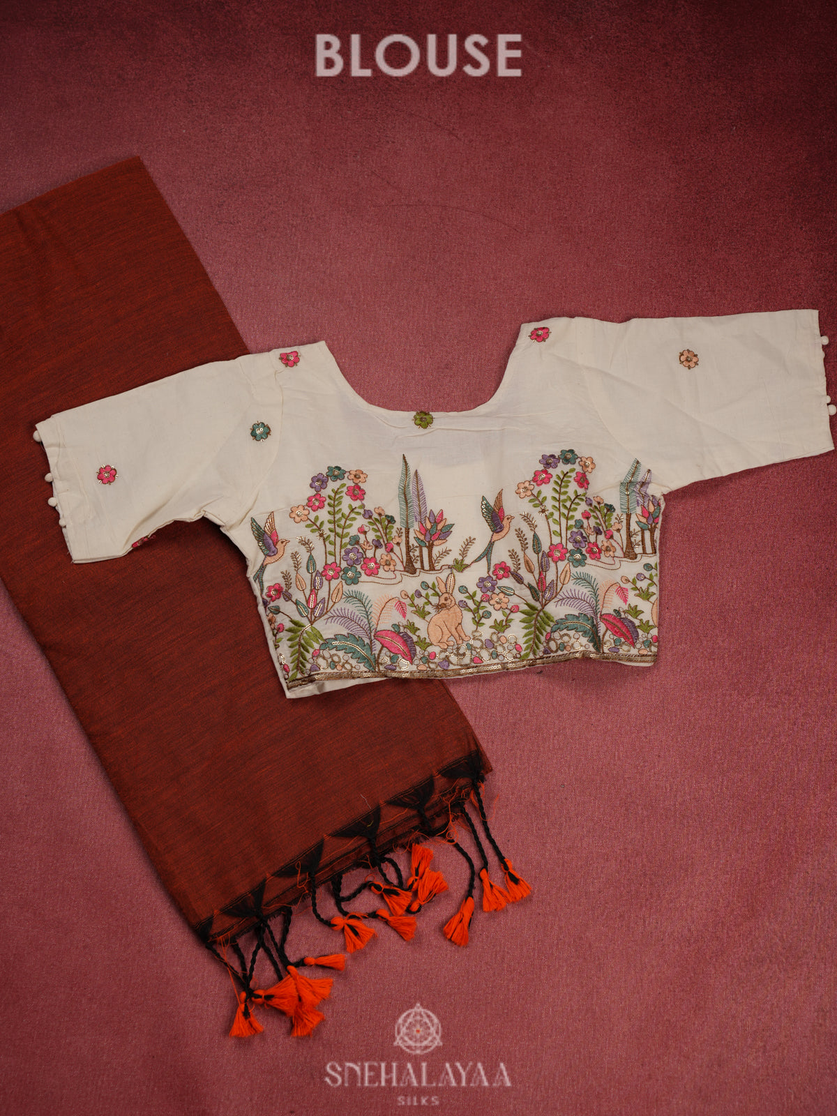 Maroon Khadi Cotton Saree With Cotton Blouse