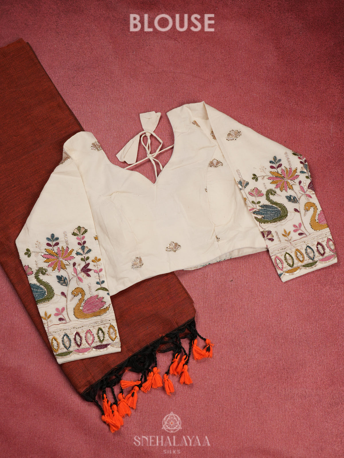 Maroon Khadi Cotton Saree With Cotton Blouse