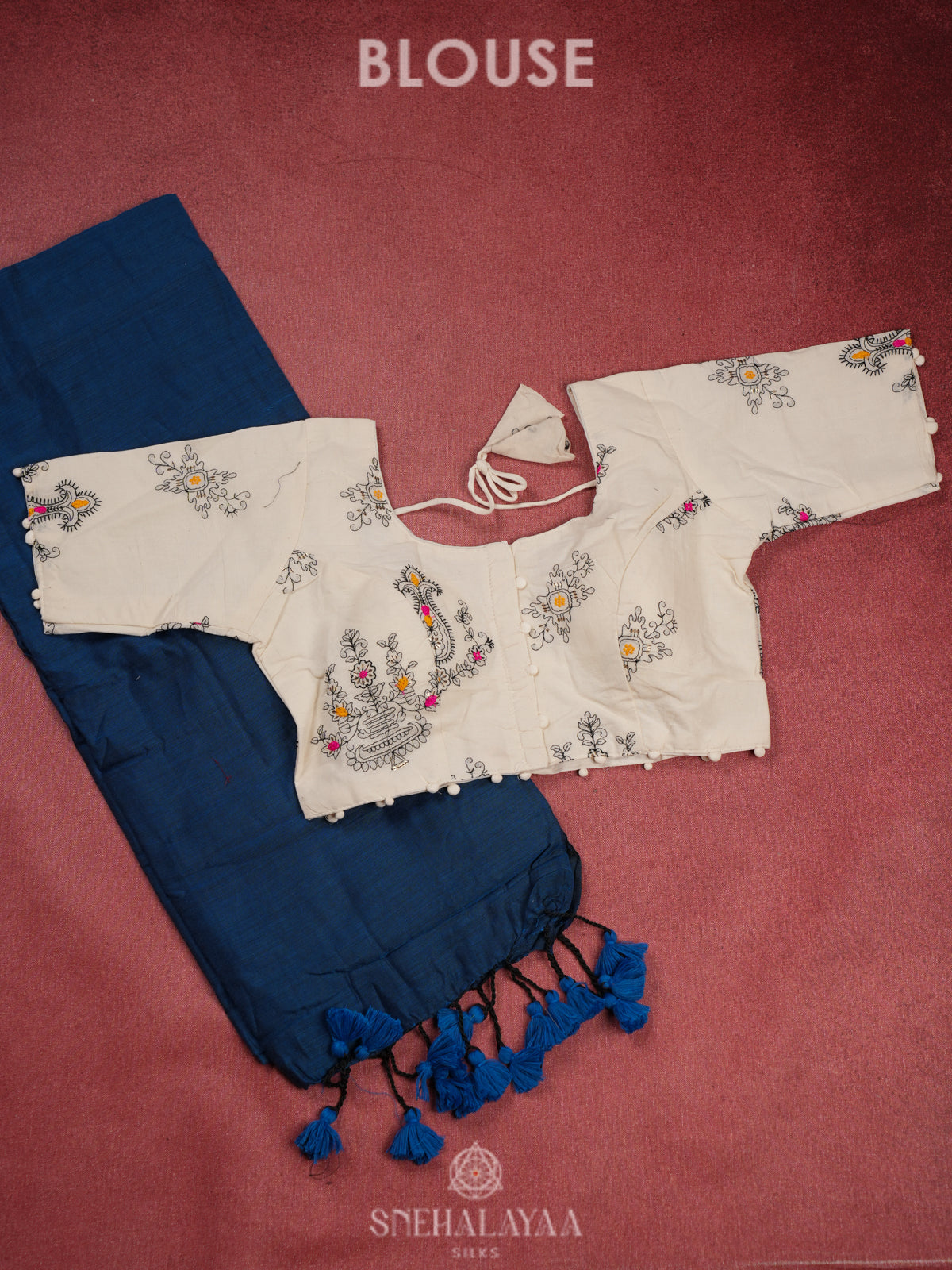 Navy Blue Khadi Cotton Saree With Cotton Blouse