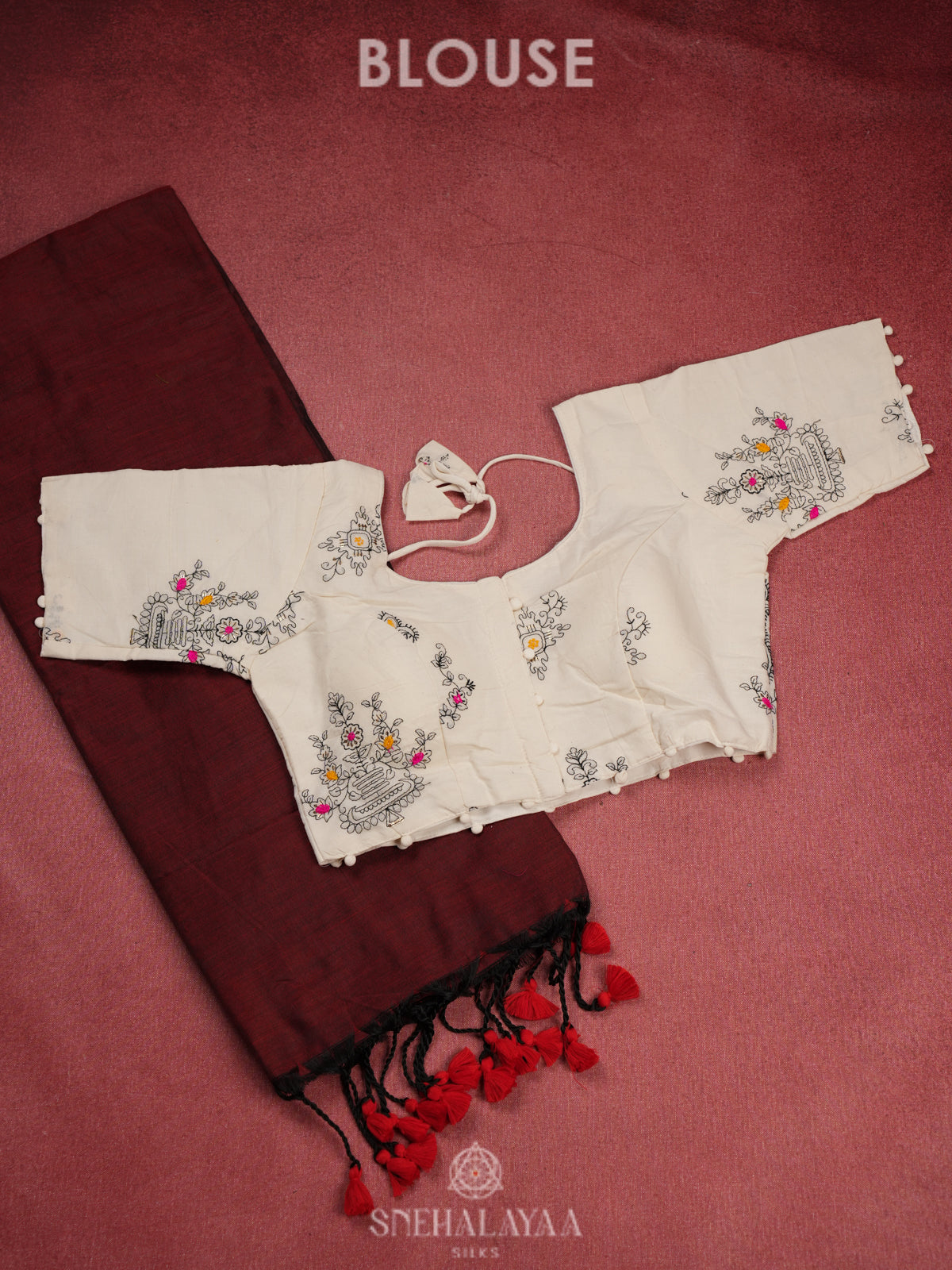 Maroon Khadi Cotton Saree With Cotton Blouse