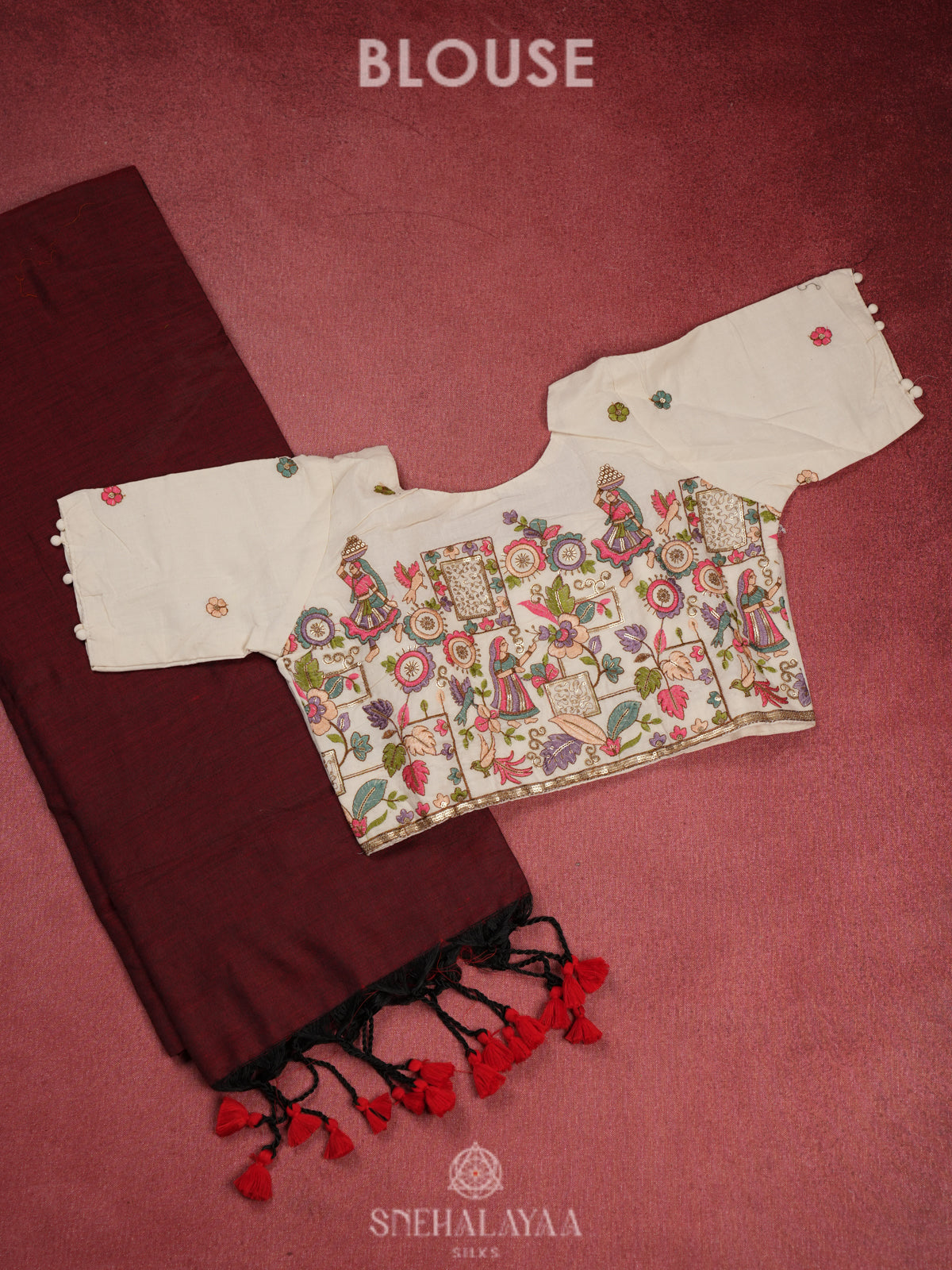 Maroon Khadi Cotton Saree With Cotton Blouse