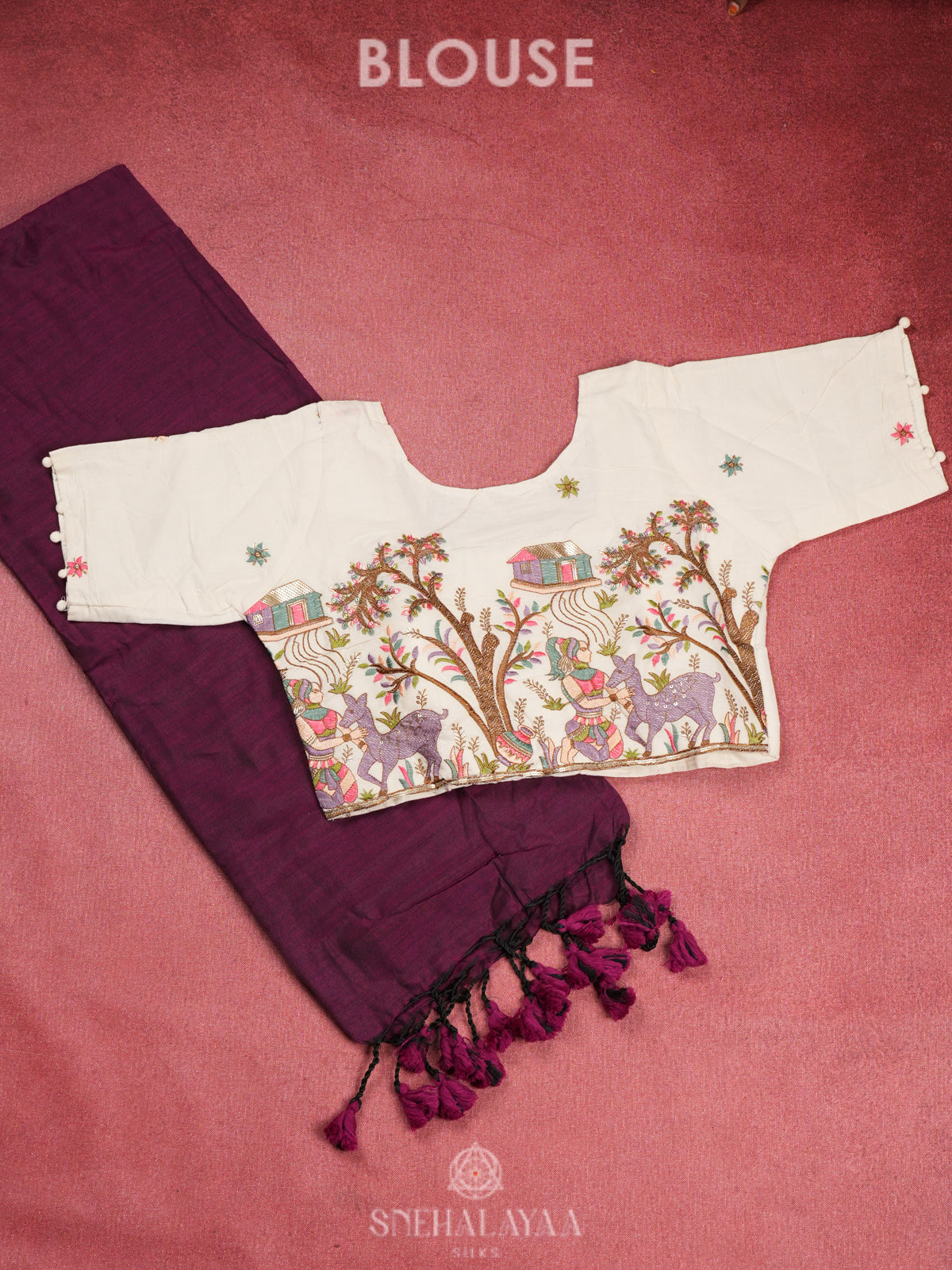 Wine  Khadi Cotton Saree With Cotton Blouse