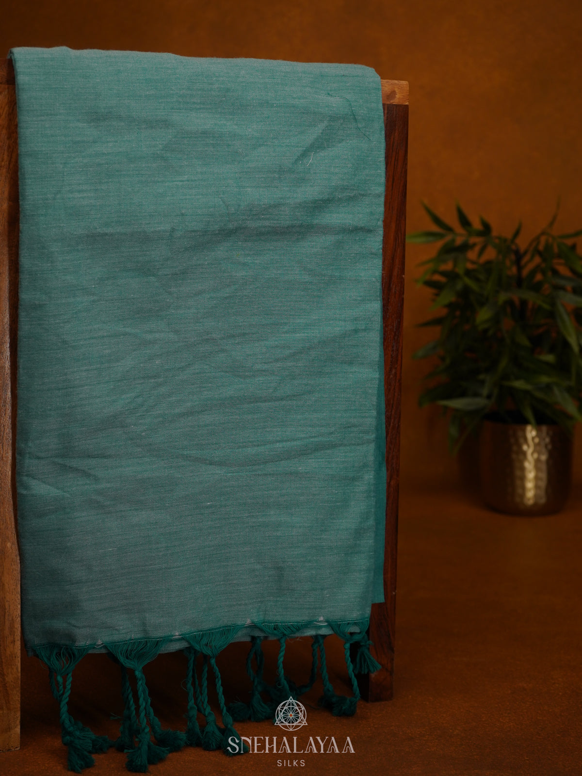 Teal Green Khadi Cotton Saree With Cotton Blouse