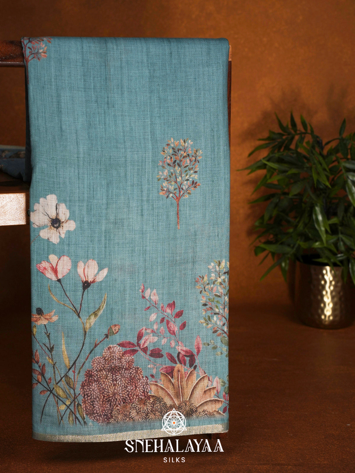Teal Blue  Linen Saree