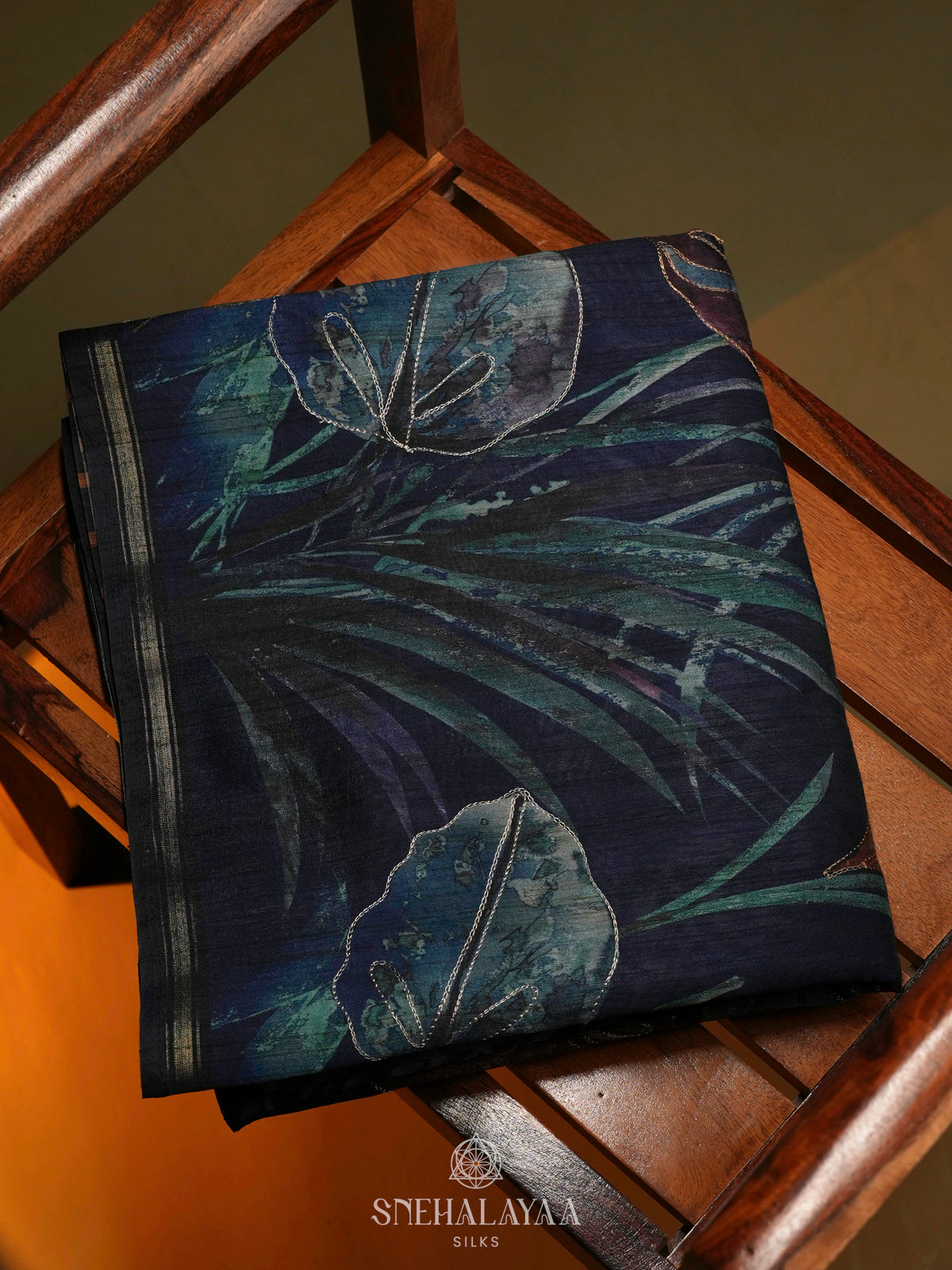 Navy Blue Tussar Embroidery Saree