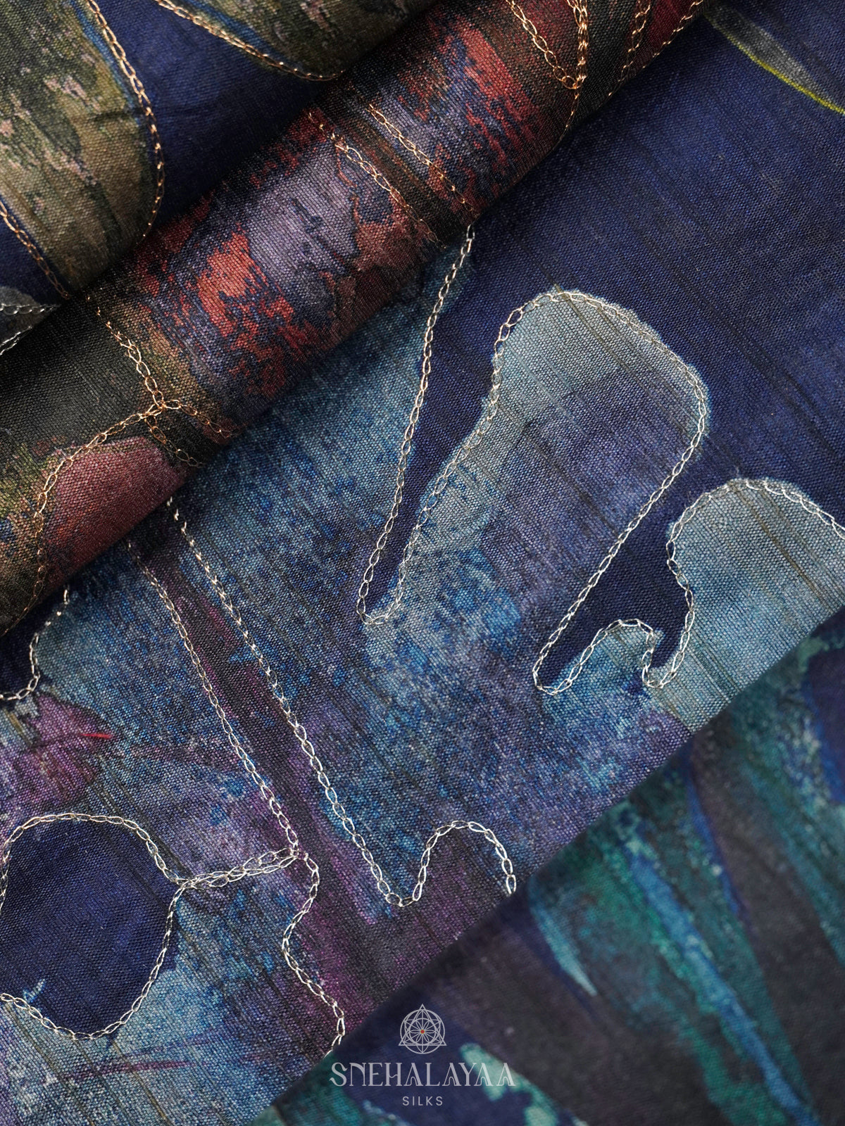 Navy Blue Tussar Embroidery Saree