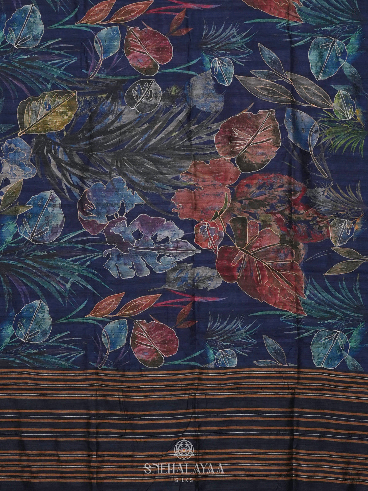 Navy Blue Tussar Embroidery Saree