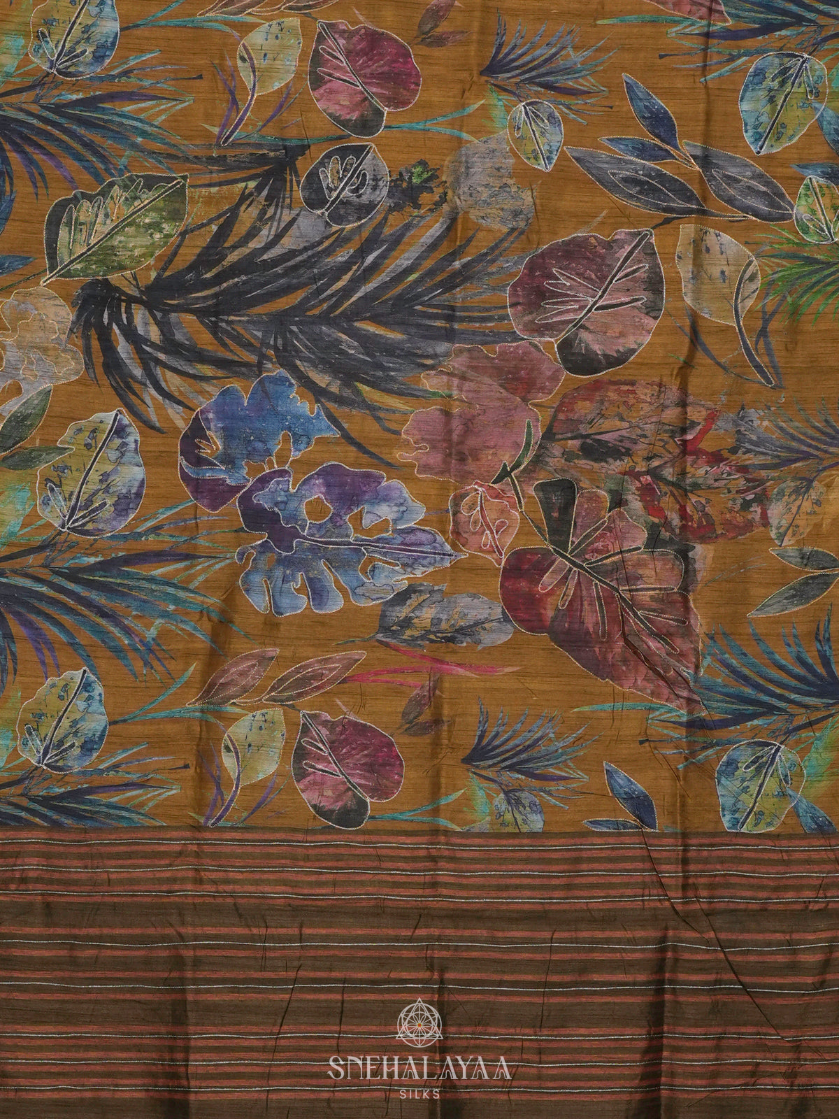 Mustard Yellow Tussar Embroidery Saree