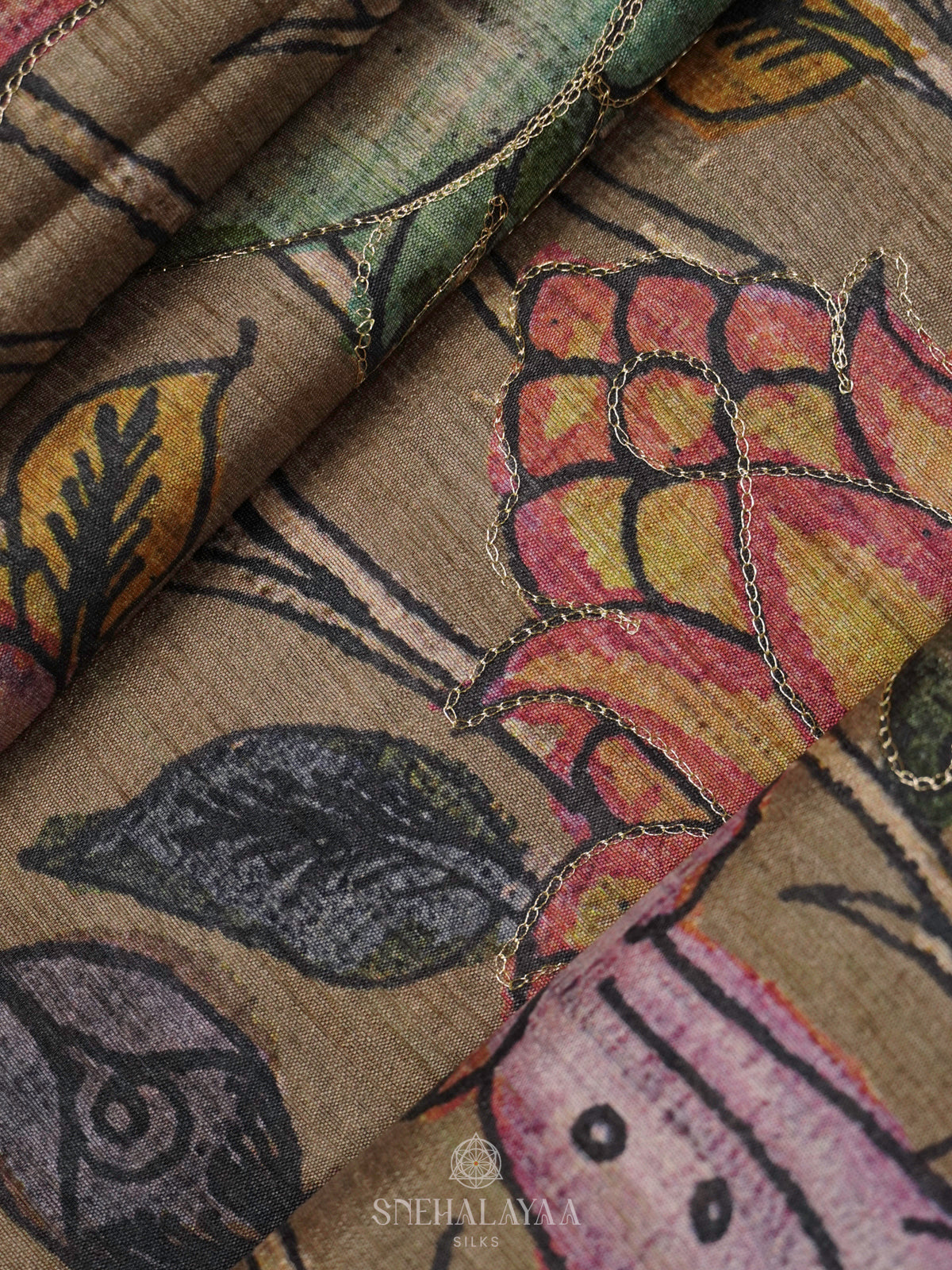 Brown Tussar Embroidery Saree