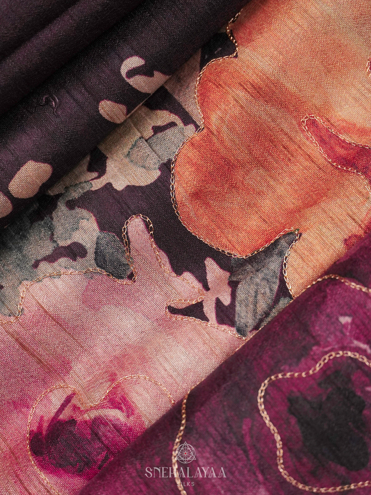 Wine Tussar Embroidery Saree