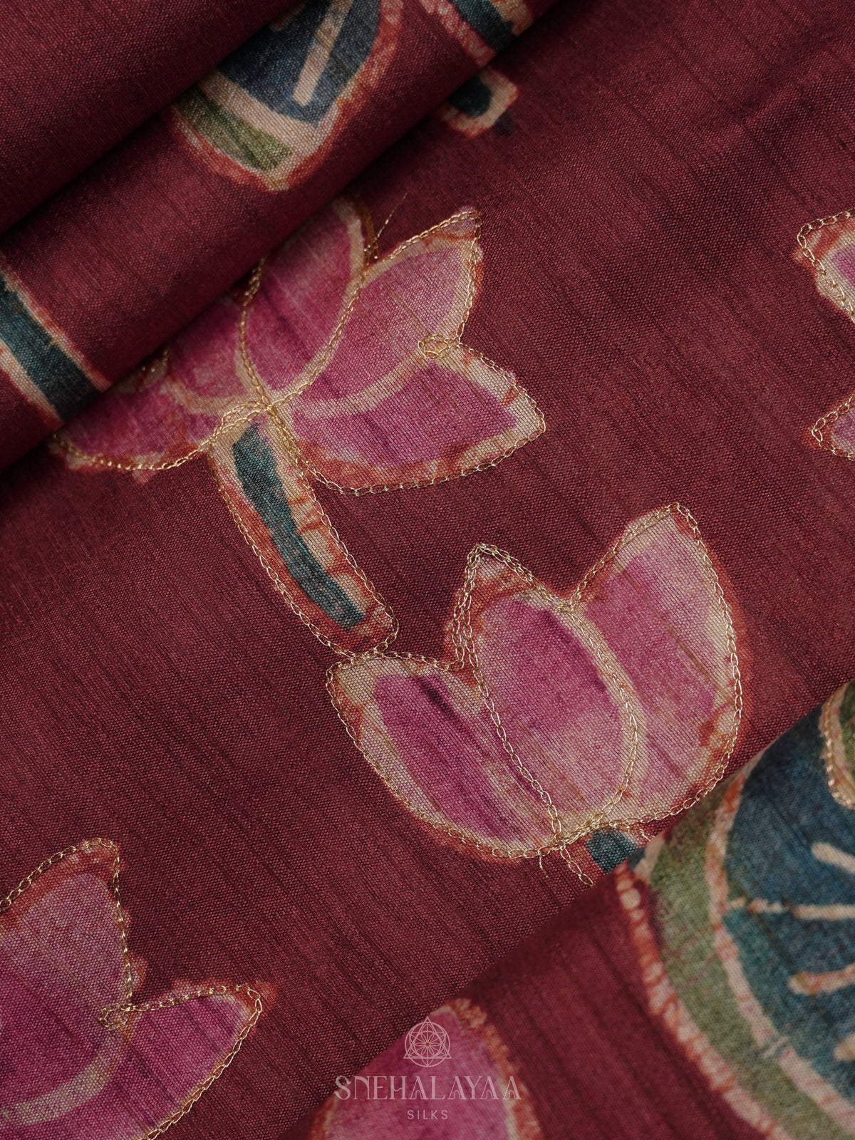 Maroon Tussar Embroidery Saree