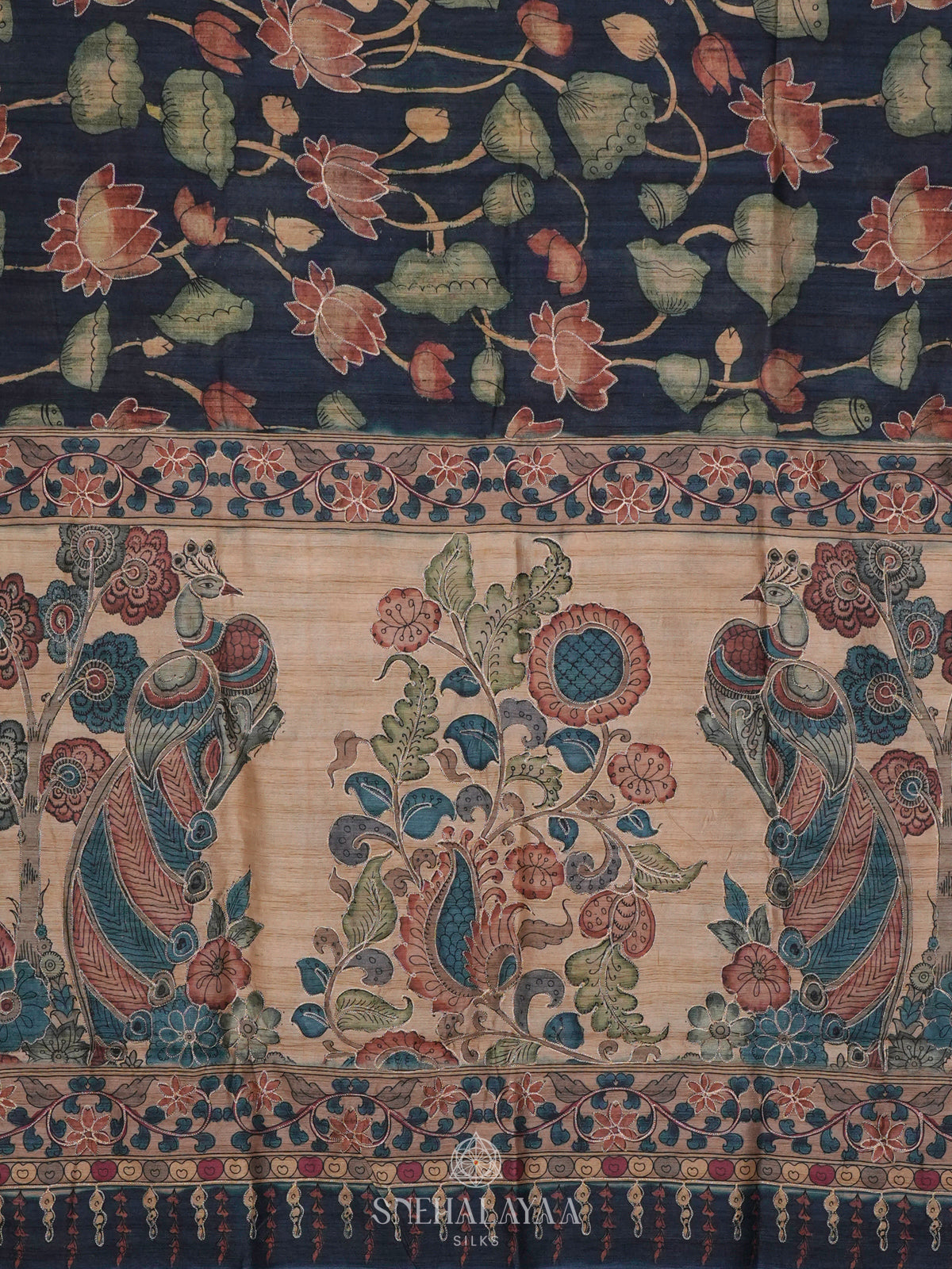 Peacock Blue Tussar Embroidery Saree