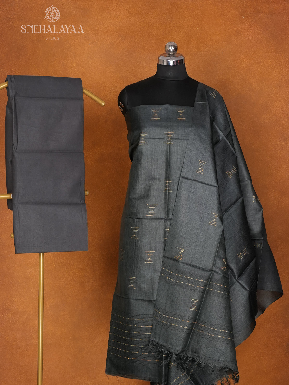 Charcol Black Tussar 3-Piece Salwar Suit Material