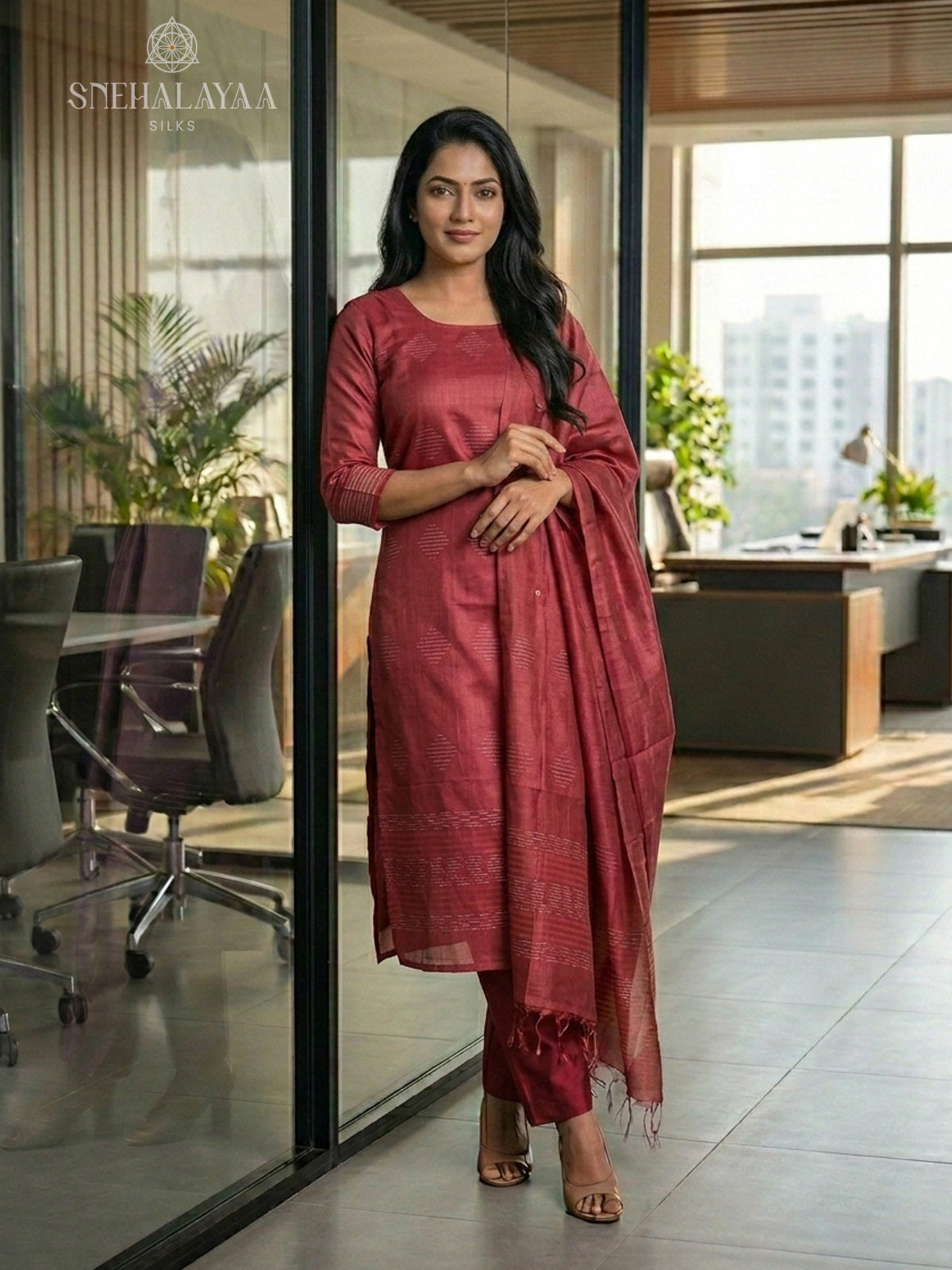 Maroon Tussar 3-Piece Salwar Suit Material