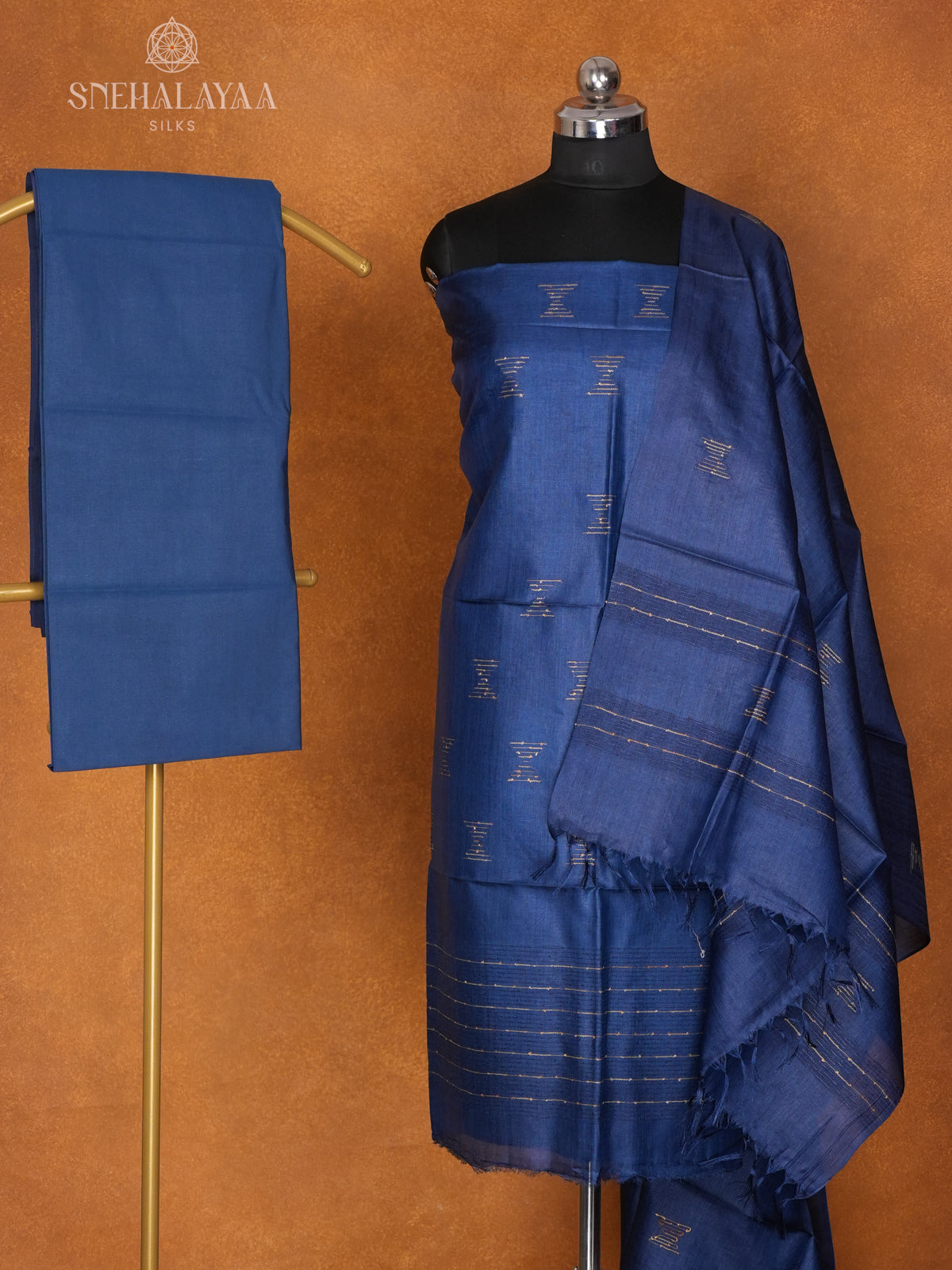 Navy Blue Tussar 3-Piece Salwar Suit Material