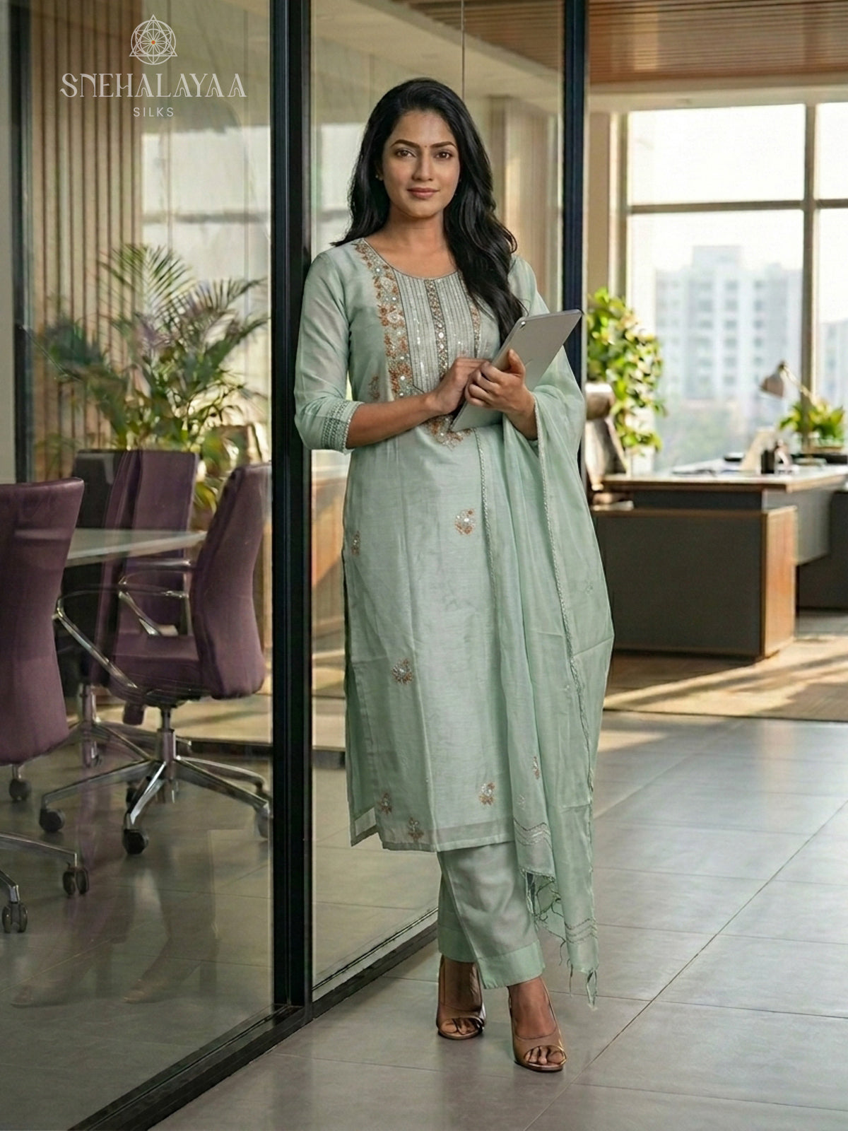Pale Green Kota 3-Piece Salwar Suit Material