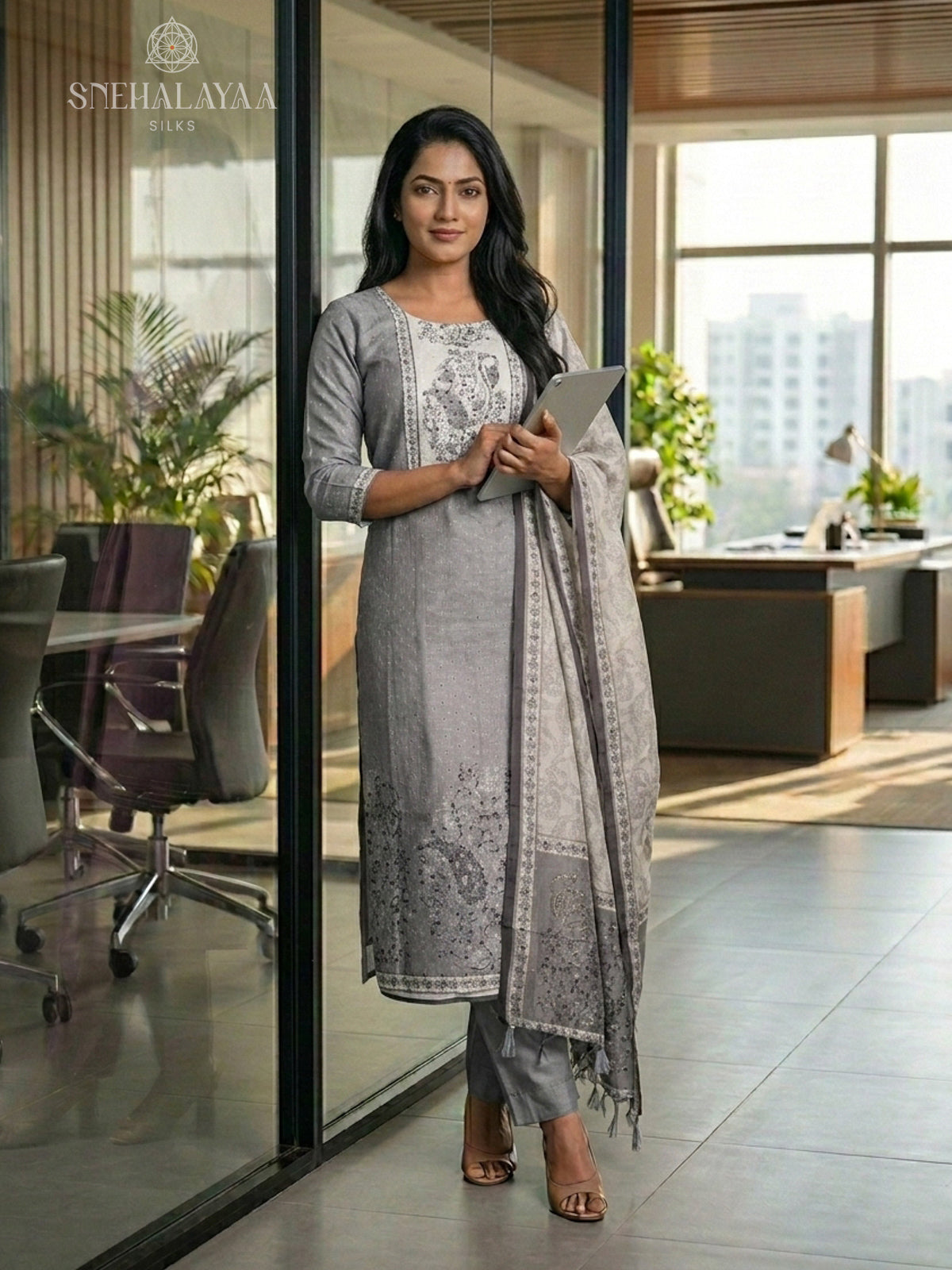 Grey Hakcoba Silk 3-Piece Salwar Suit Material