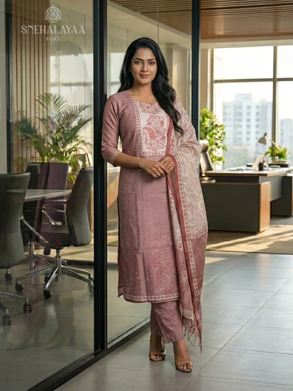 Mauve Hakcoba Silk 3-Piece Salwar Suit Material