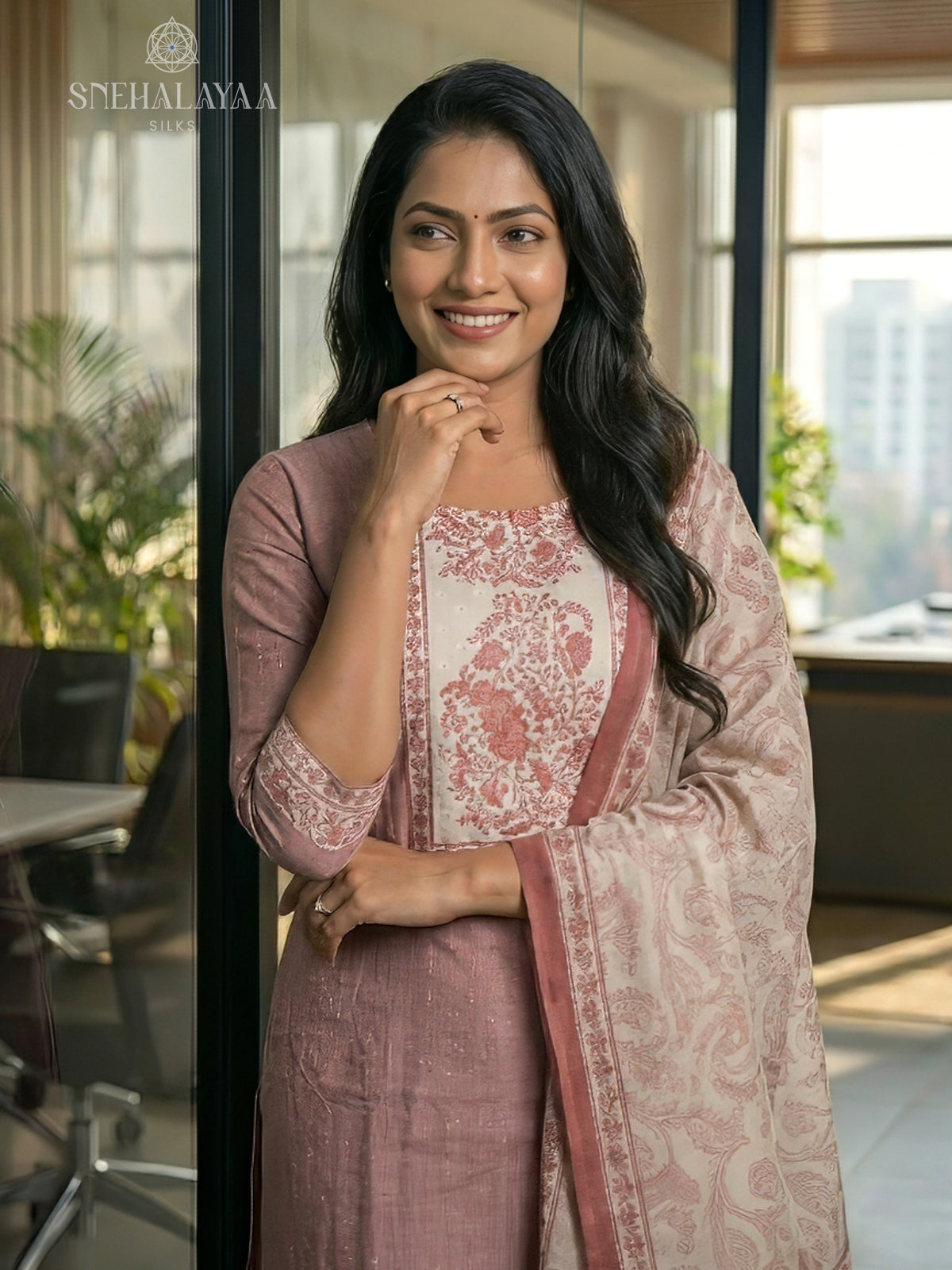 Mauve Hakcoba Silk 3-Piece Salwar Suit Material
