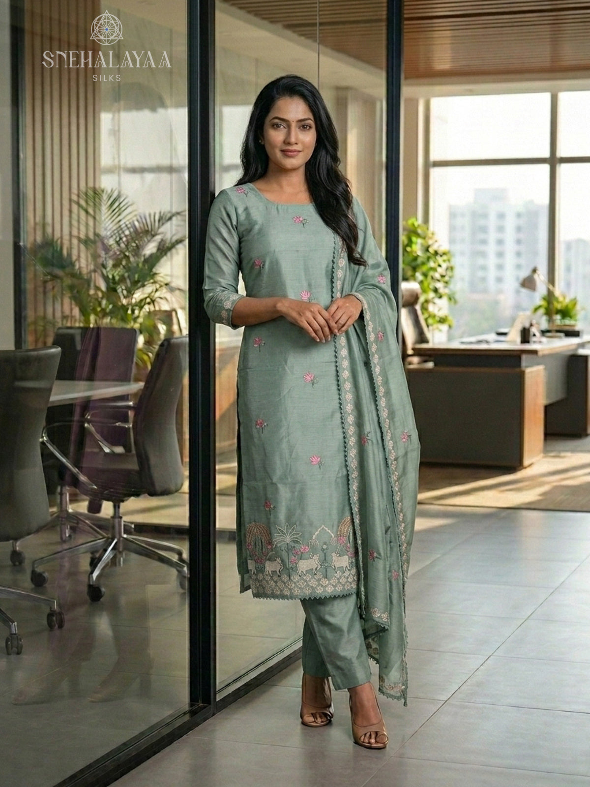 Pale Green Chanderi Silk 3-Piece Salwar Suit Material