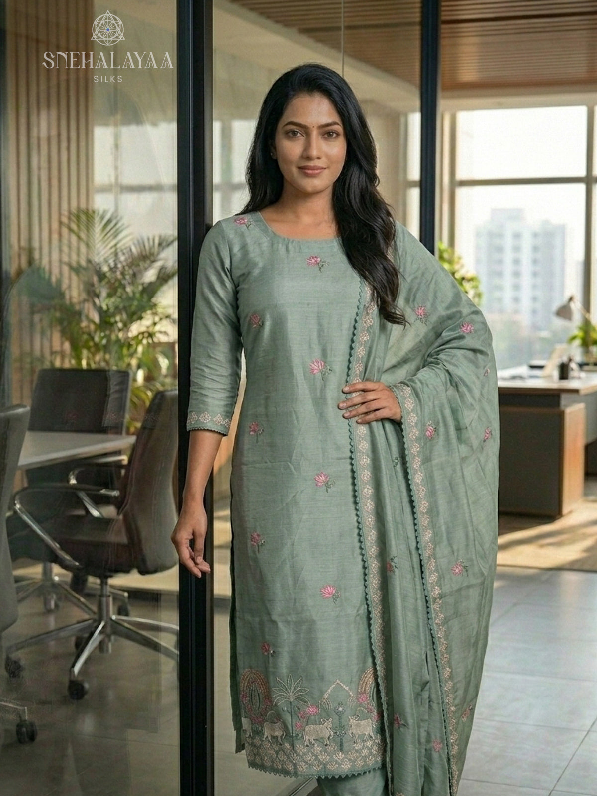 Pale Green Chanderi Silk 3-Piece Salwar Suit Material
