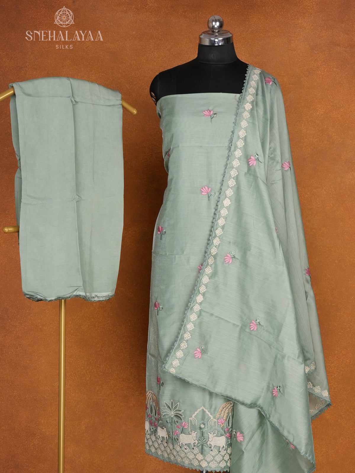 Pale Green Chanderi Silk 3-Piece Salwar Suit Material