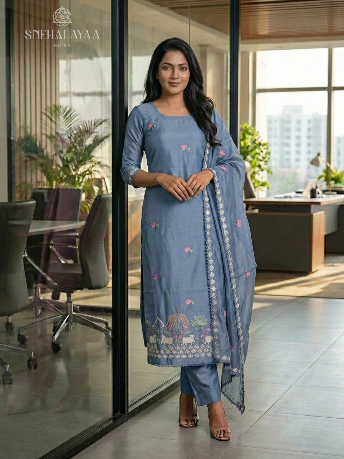 Blue Chanderi Silk 3-Piece Salwar Suit Material