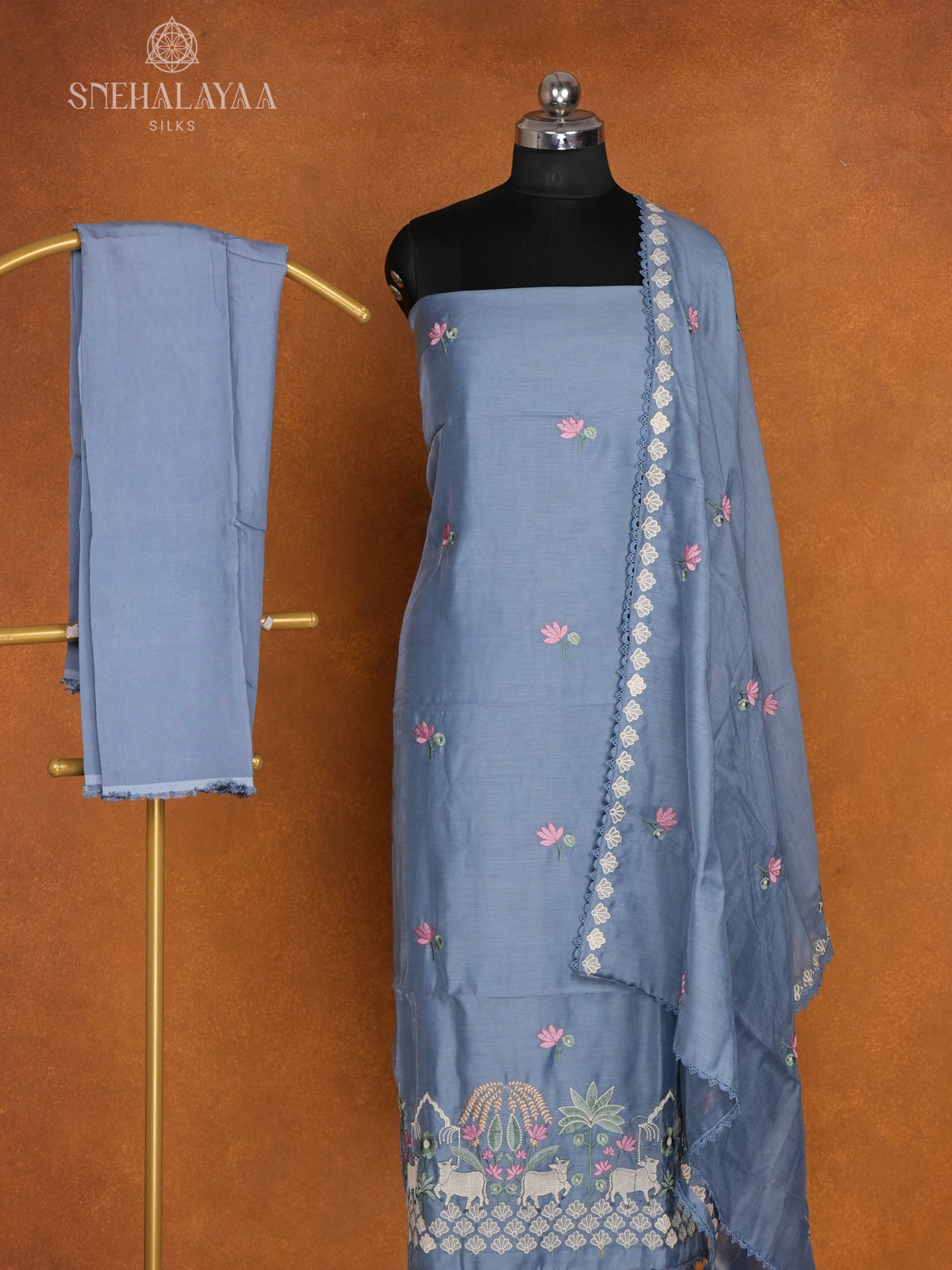 Blue Chanderi Silk 3-Piece Salwar Suit Material