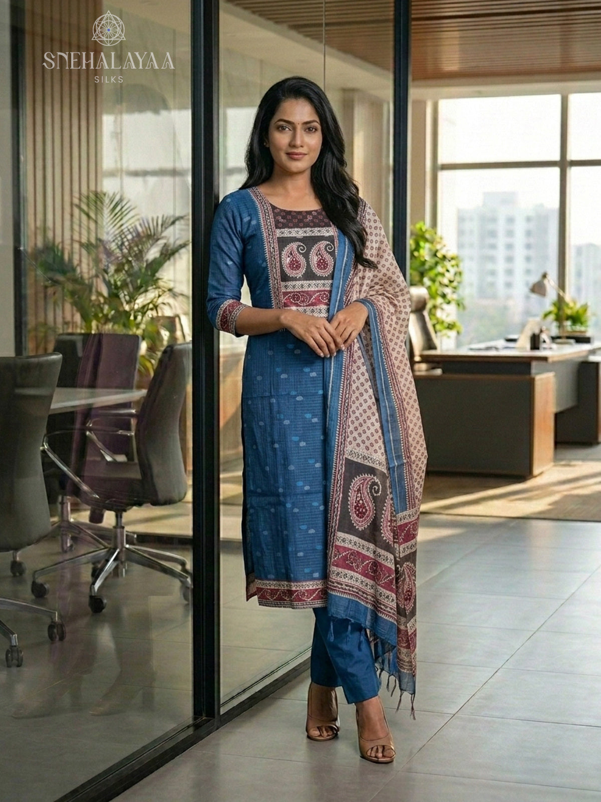 Blue Chanderi Silk 3-Piece Salwar Suit Material