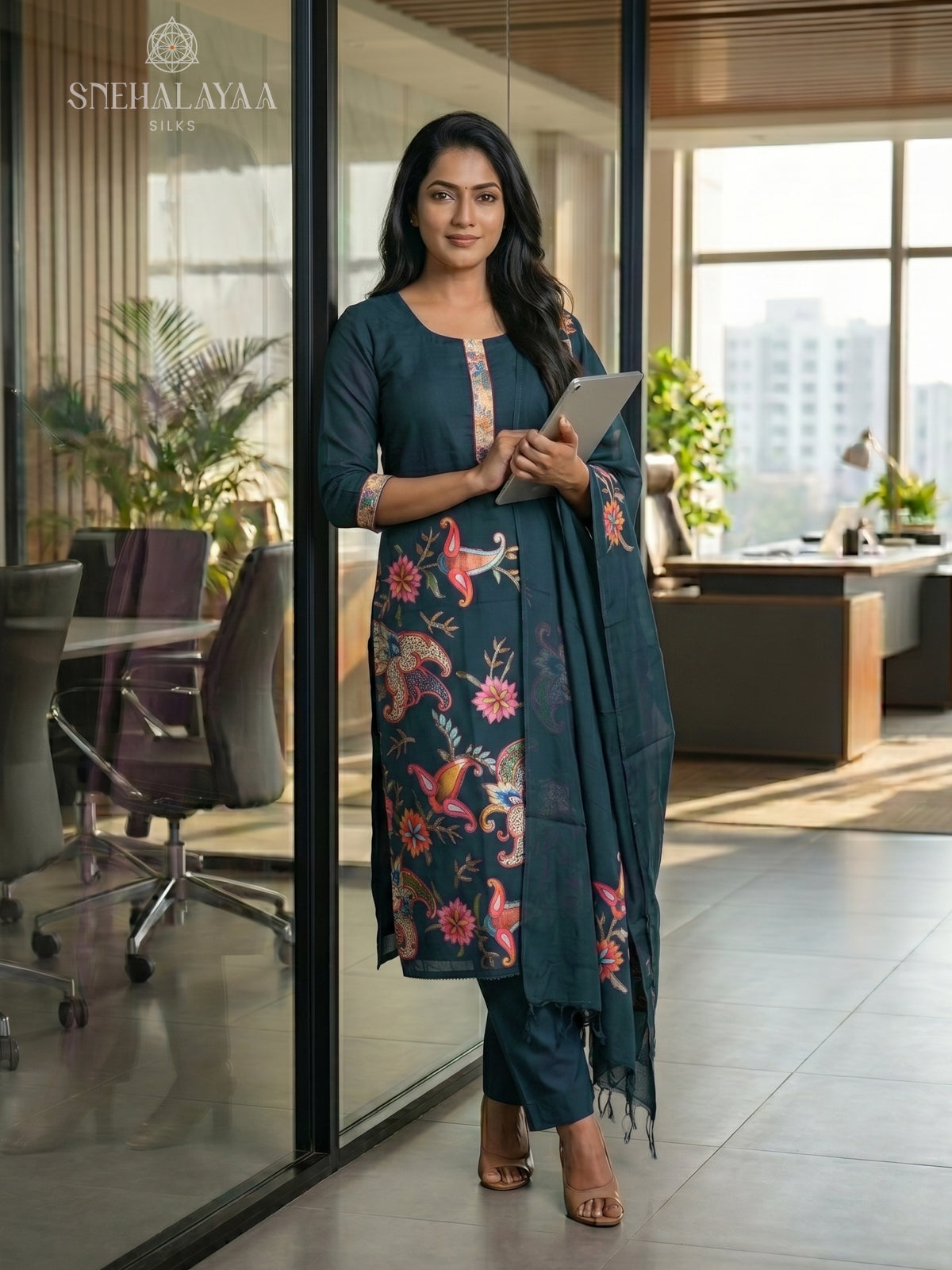 Navy Blue Chanderi Silk 3-Piece Salwar Suit Material