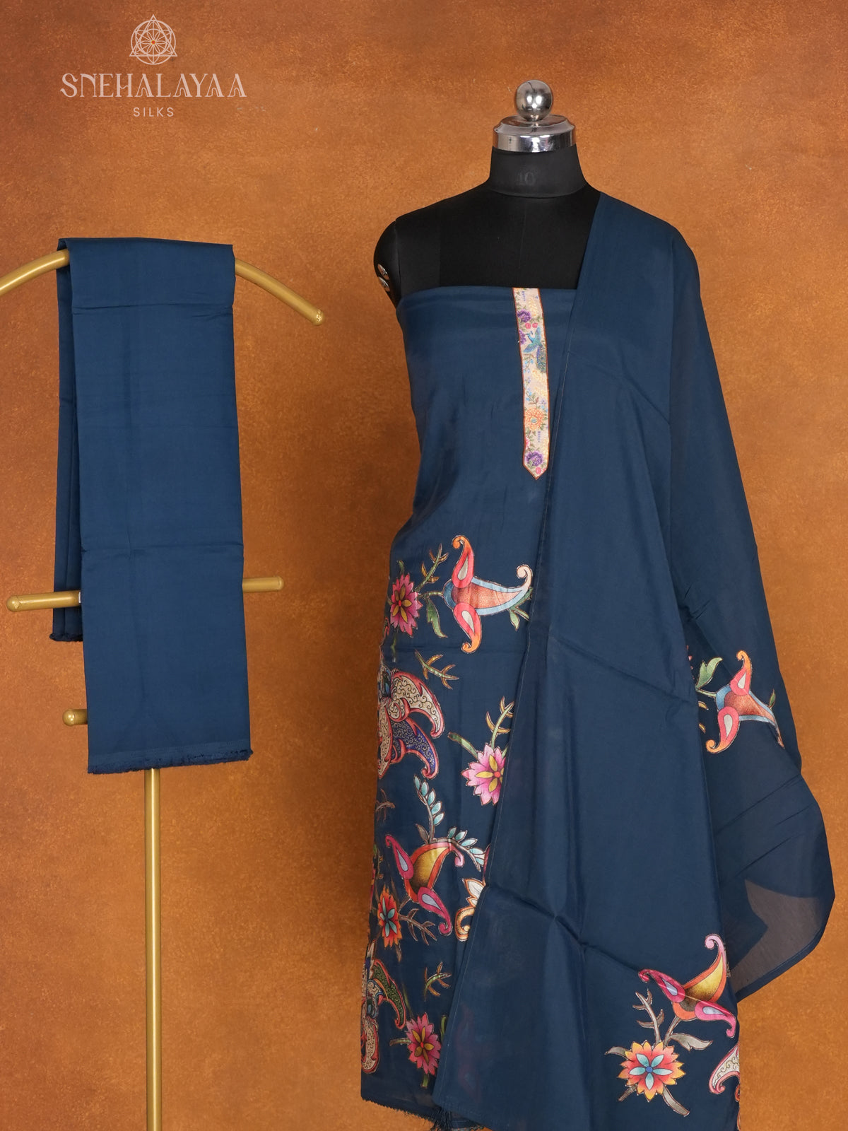 Navy Blue Chanderi Silk 3-Piece Salwar Suit Material
