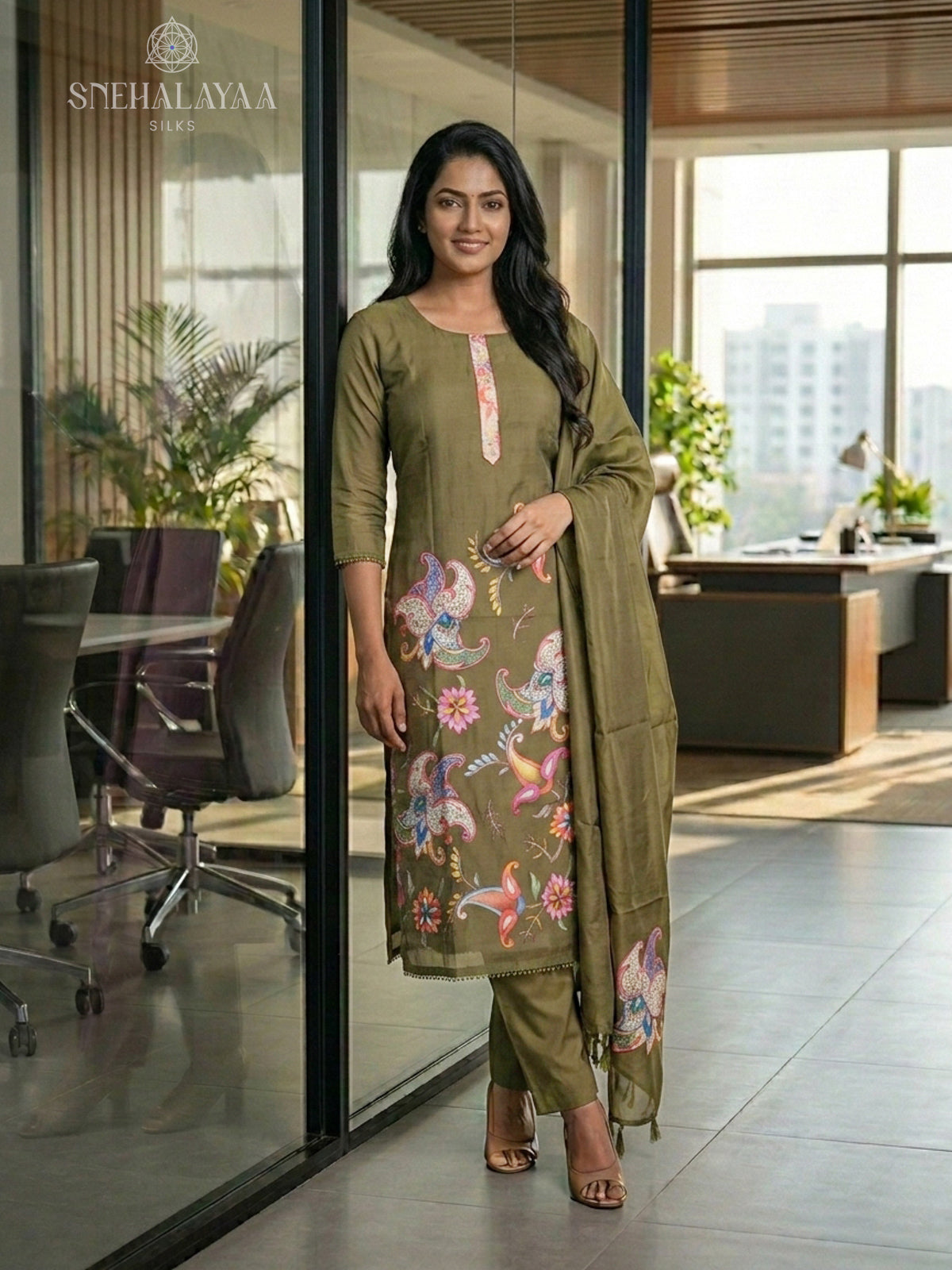 Olive Green Chanderi Silk 3-Piece Salwar Suit Material