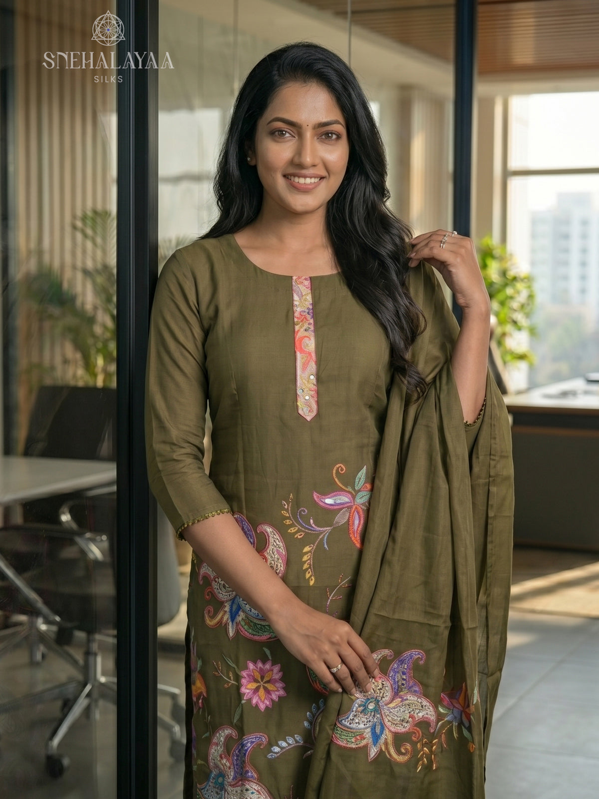 Olive Green Chanderi Silk 3-Piece Salwar Suit Material