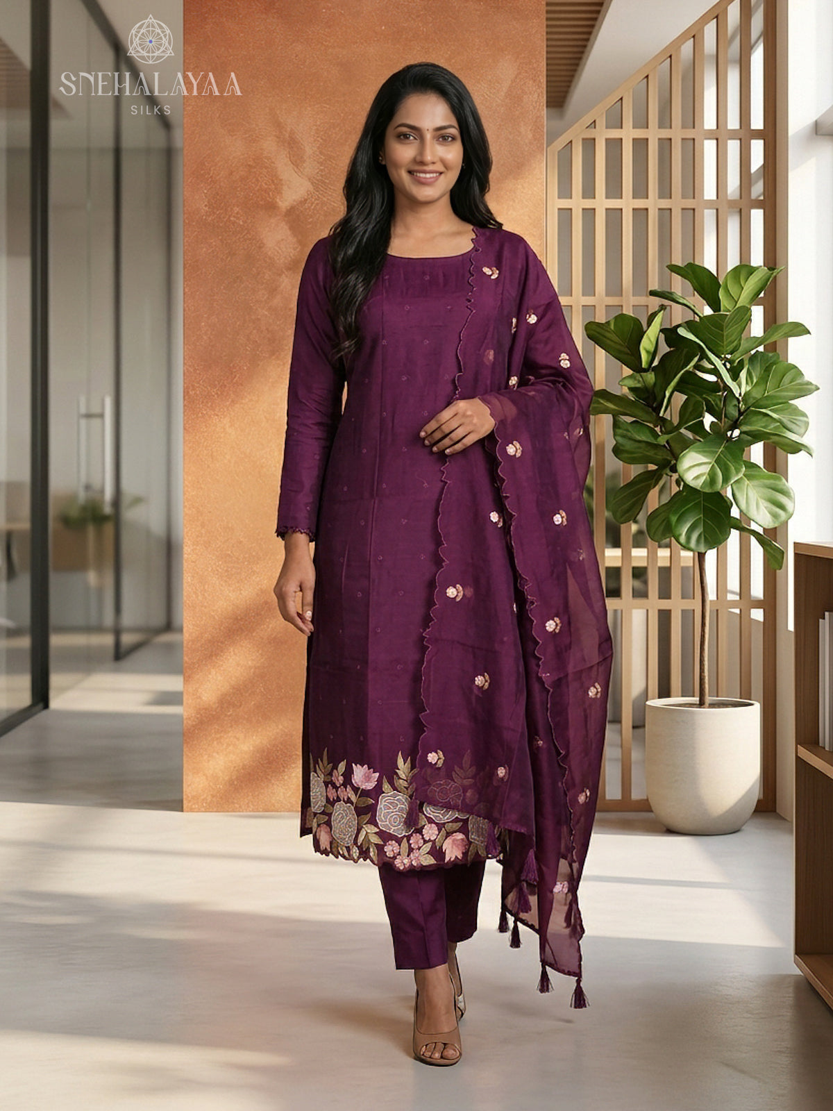 Wine Organza 3-Piece Salwar Suit Material