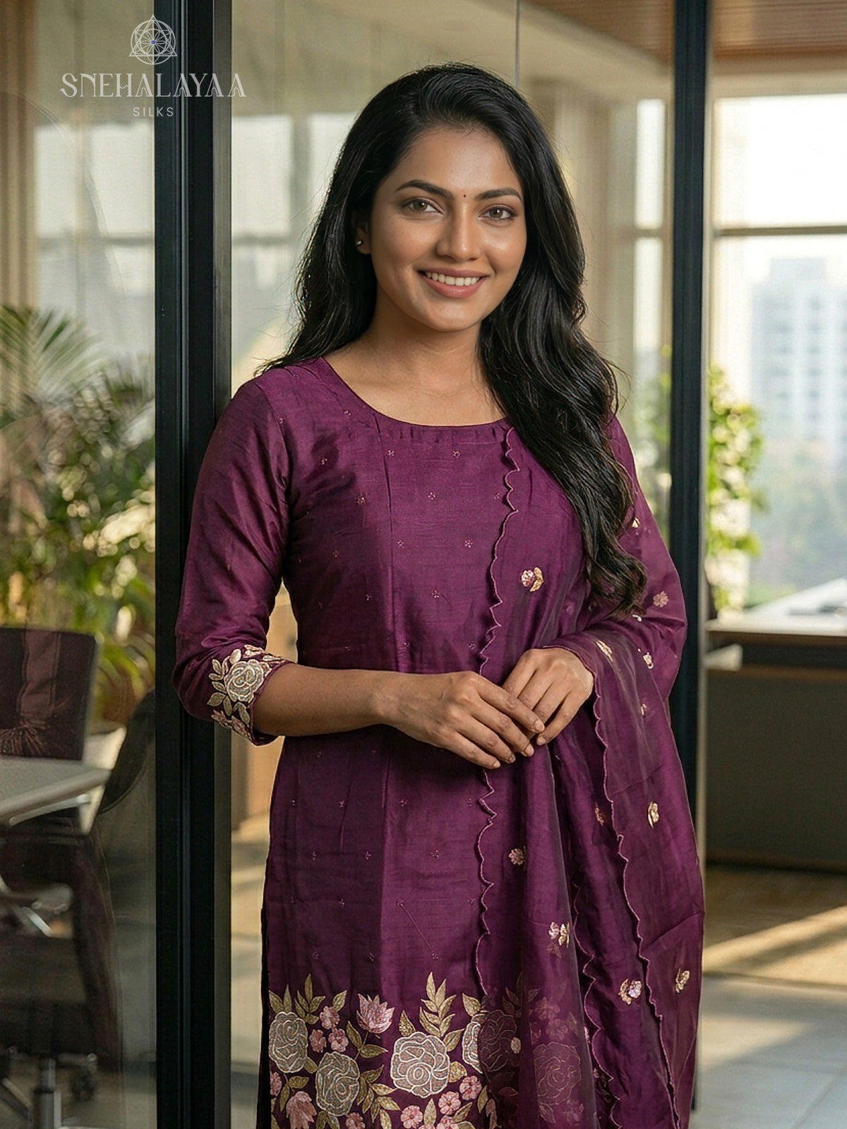 Wine Organza 3-Piece Salwar Suit Material