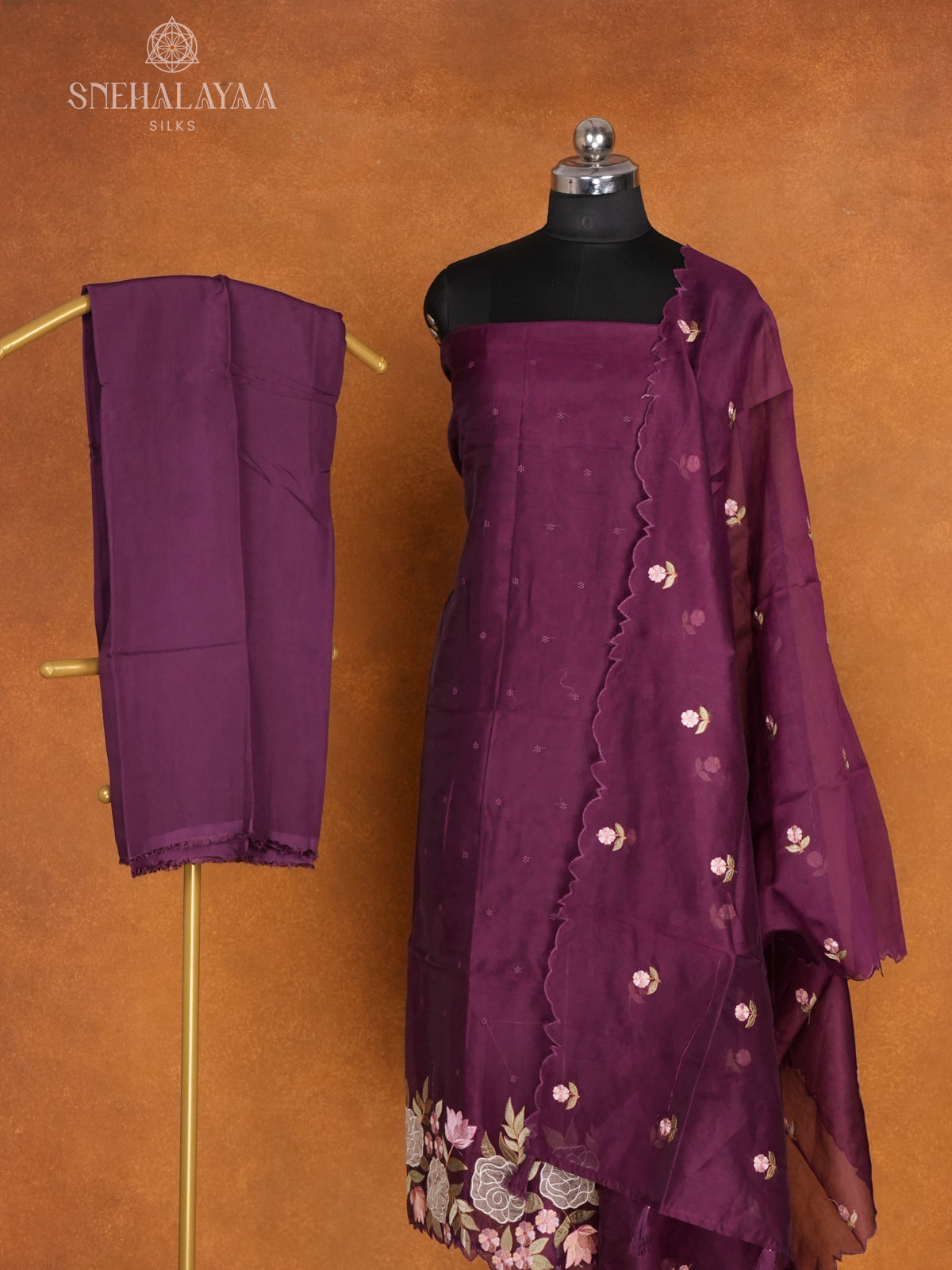 Wine Organza 3-Piece Salwar Suit Material