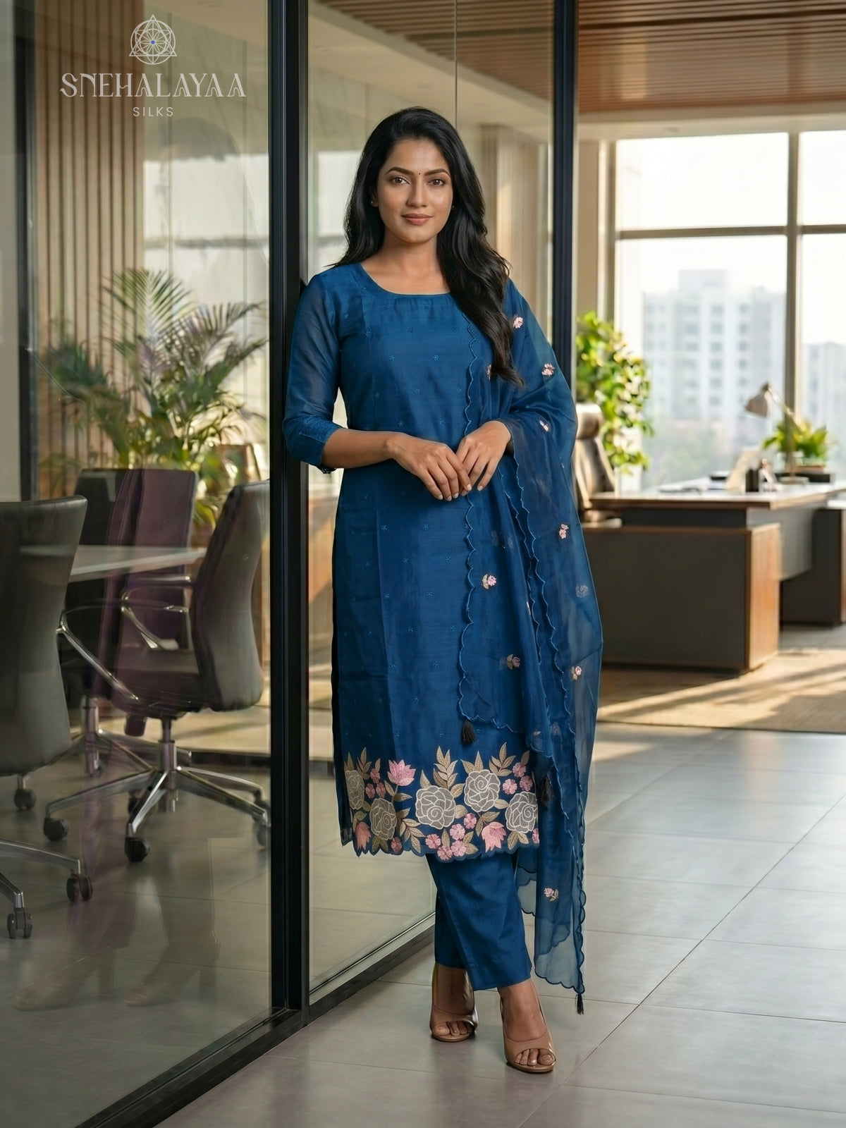 Navy Blue Organza 3-Piece Salwar Suit Material
