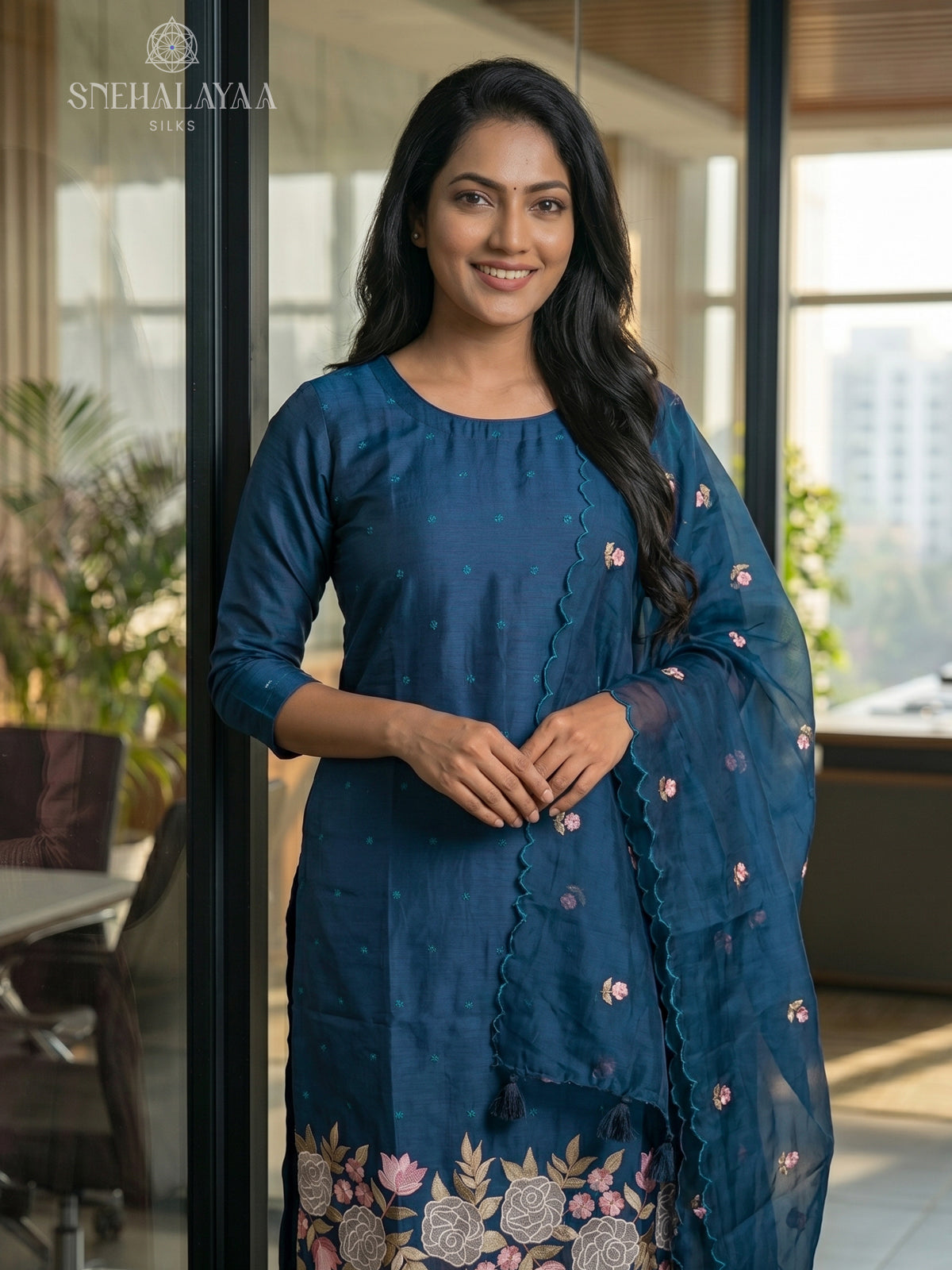 Navy Blue Organza 3-Piece Salwar Suit Material