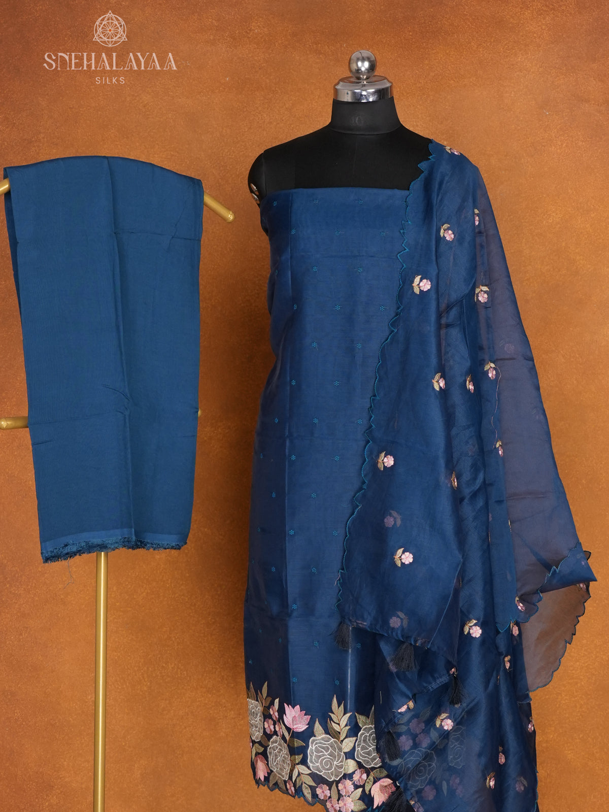 Navy Blue Organza 3-Piece Salwar Suit Material