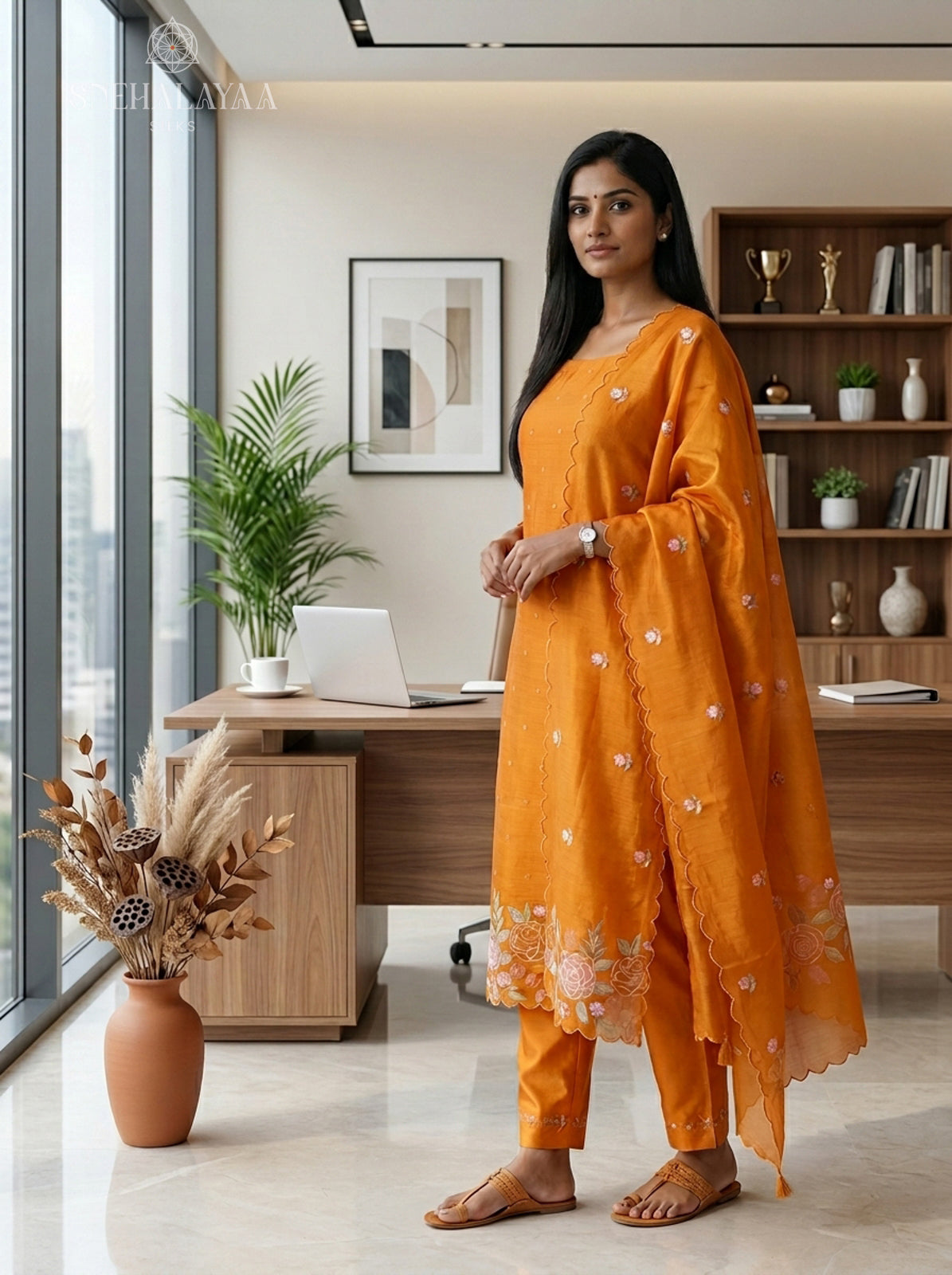 Orange  Linen Tissue 3-Piece Salwar Suit Material