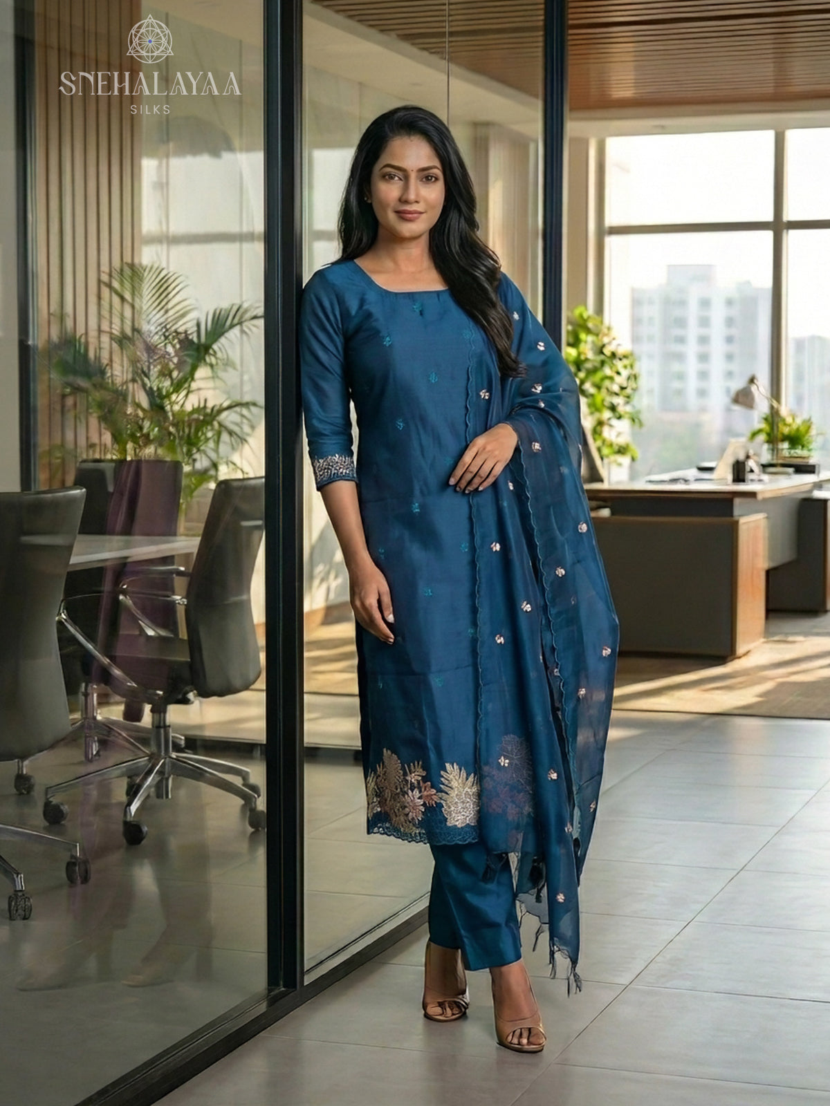 Navy Blue Organza 3-Piece Salwar Suit Material