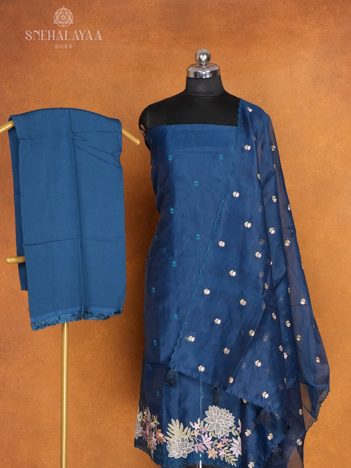 Navy Blue Organza 3-Piece Salwar Suit Material